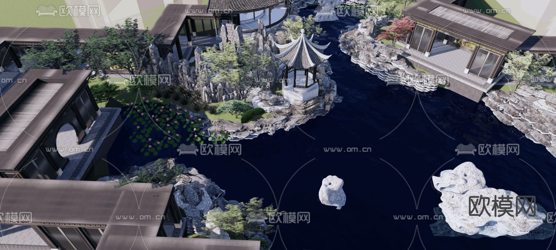 中式景观示范区su模型下载（渲染图2）