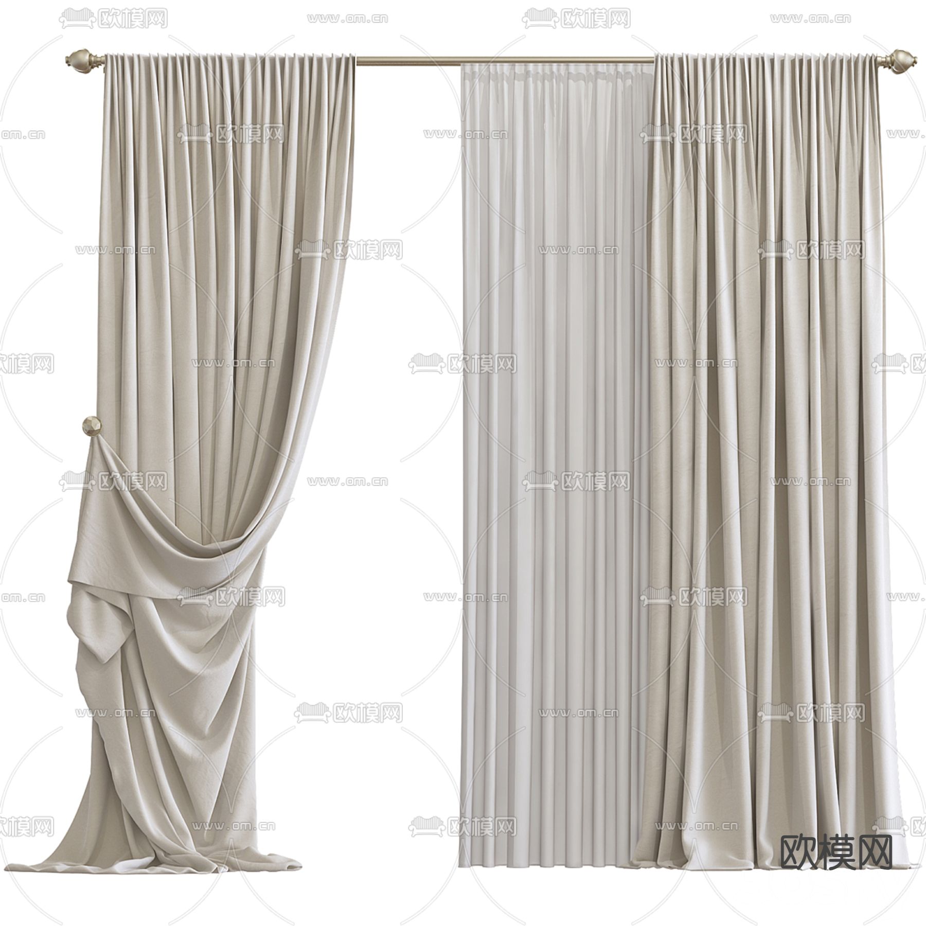 素色窗帘 窗帘杆3d模型下载（渲染图1）