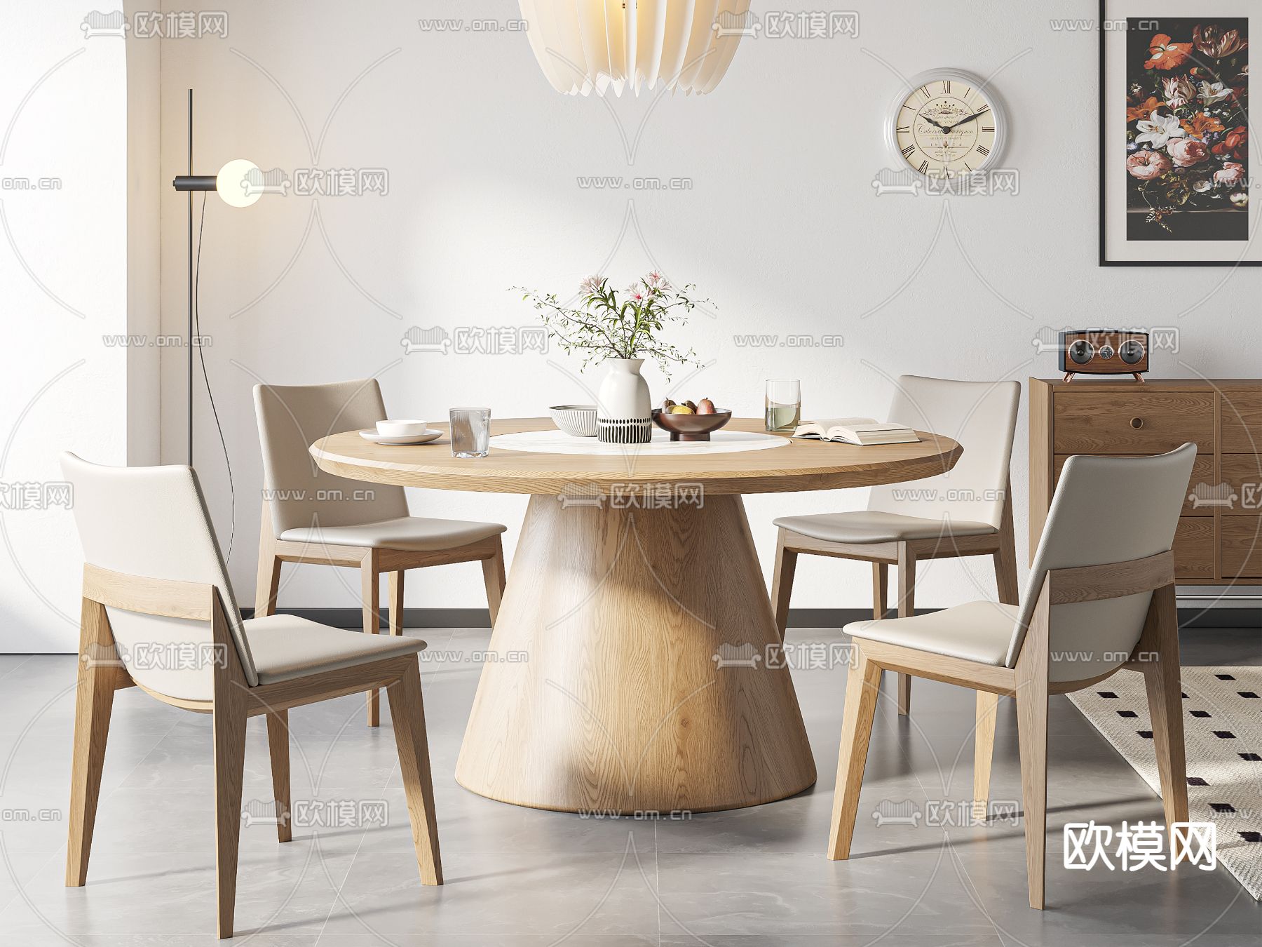 奶油风餐桌椅su模型下载（渲染图2）