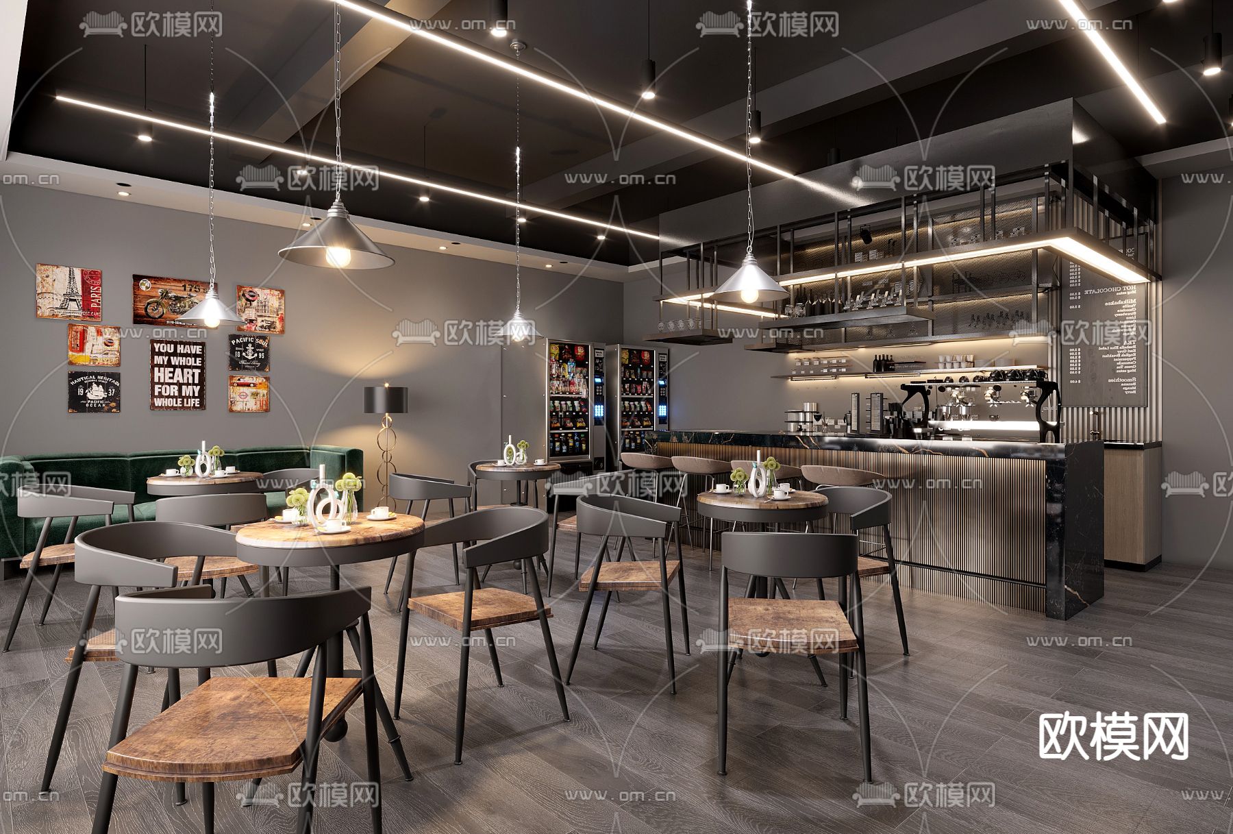工业风咖啡厅su模型下载（渲染图1）