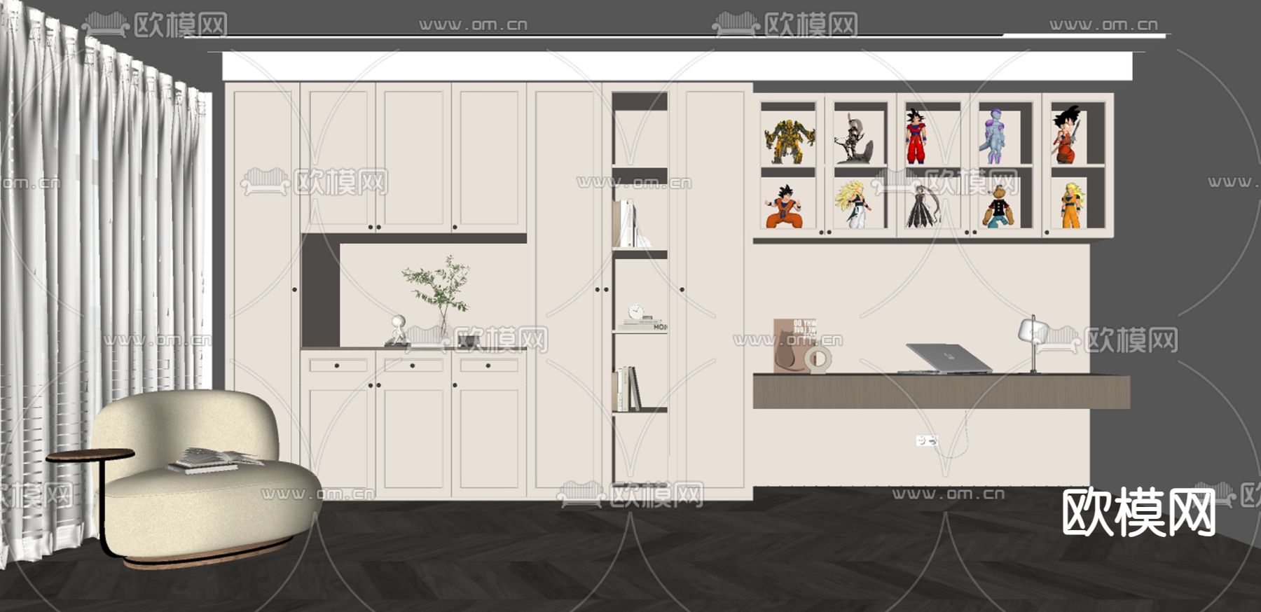 简欧书柜su模型下载（渲染图2）