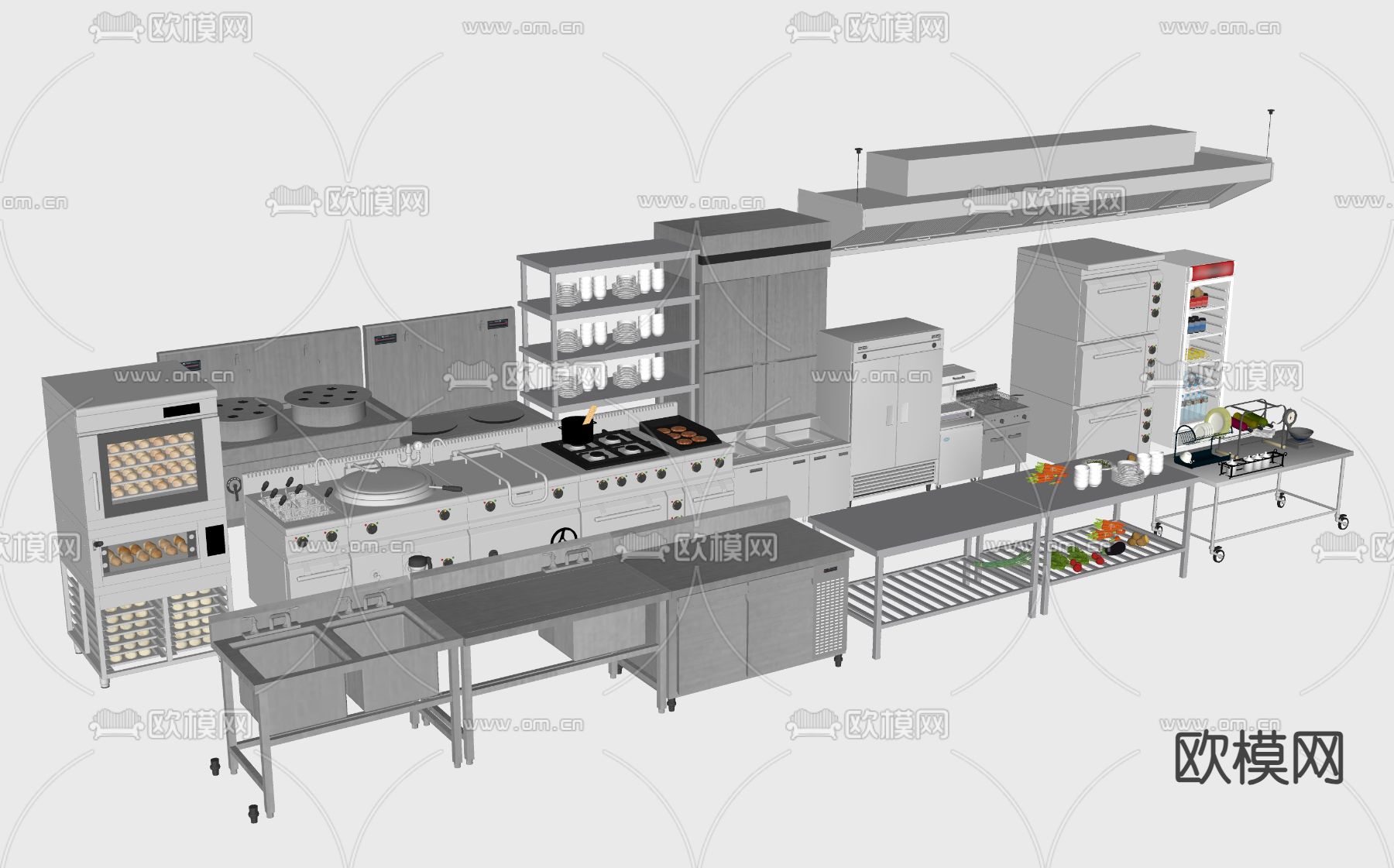 中央厨房设备 酒店后厨 集成灶su模型下载（渲染图2）