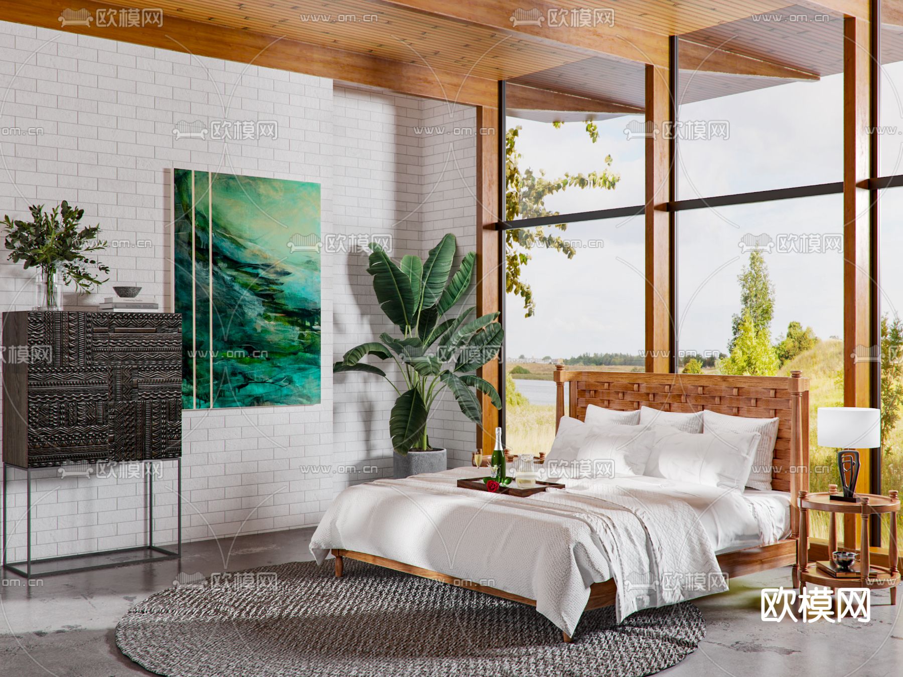 东南亚卧室 双人床3d模型下载