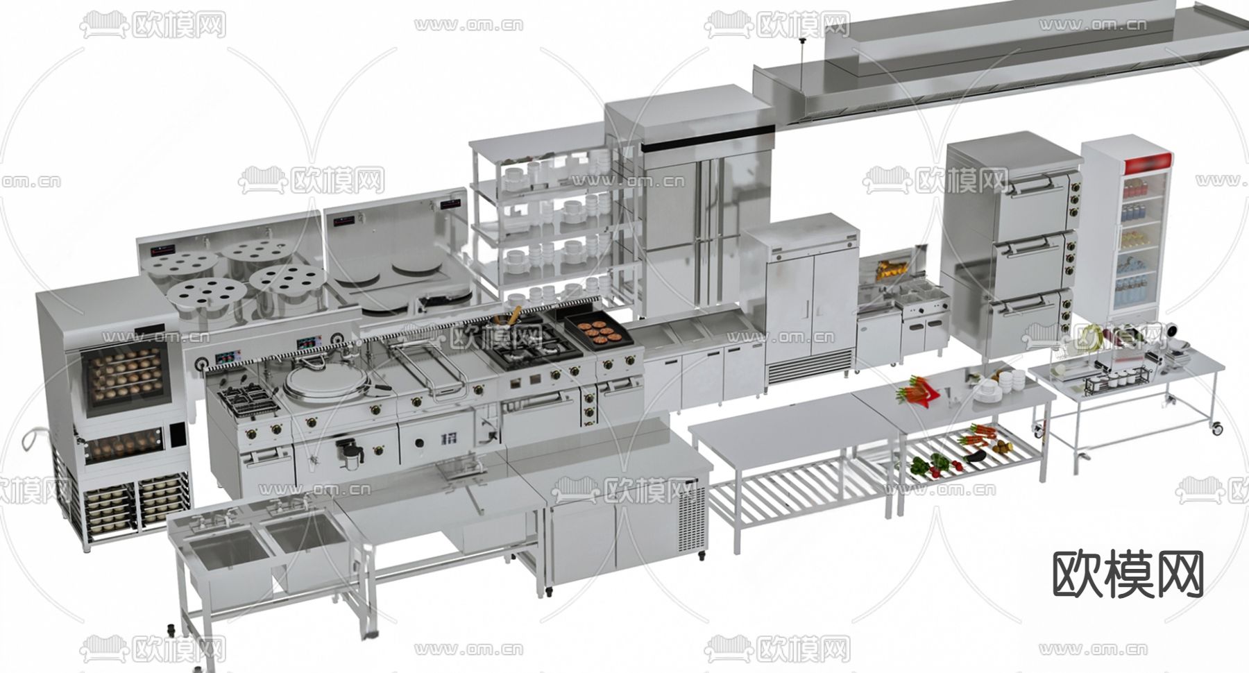 中央厨房设备 酒店后厨 集成灶su模型下载（渲染图1）