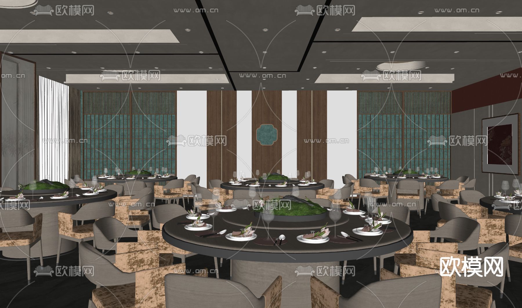新中式宴会厅su模型下载（渲染图2）