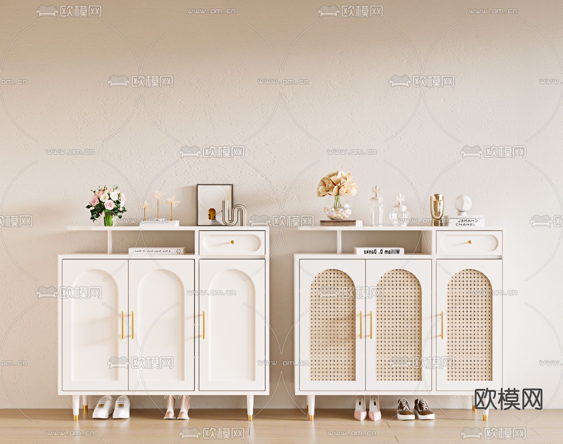奶油风鞋柜su模型下载（渲染图1）
