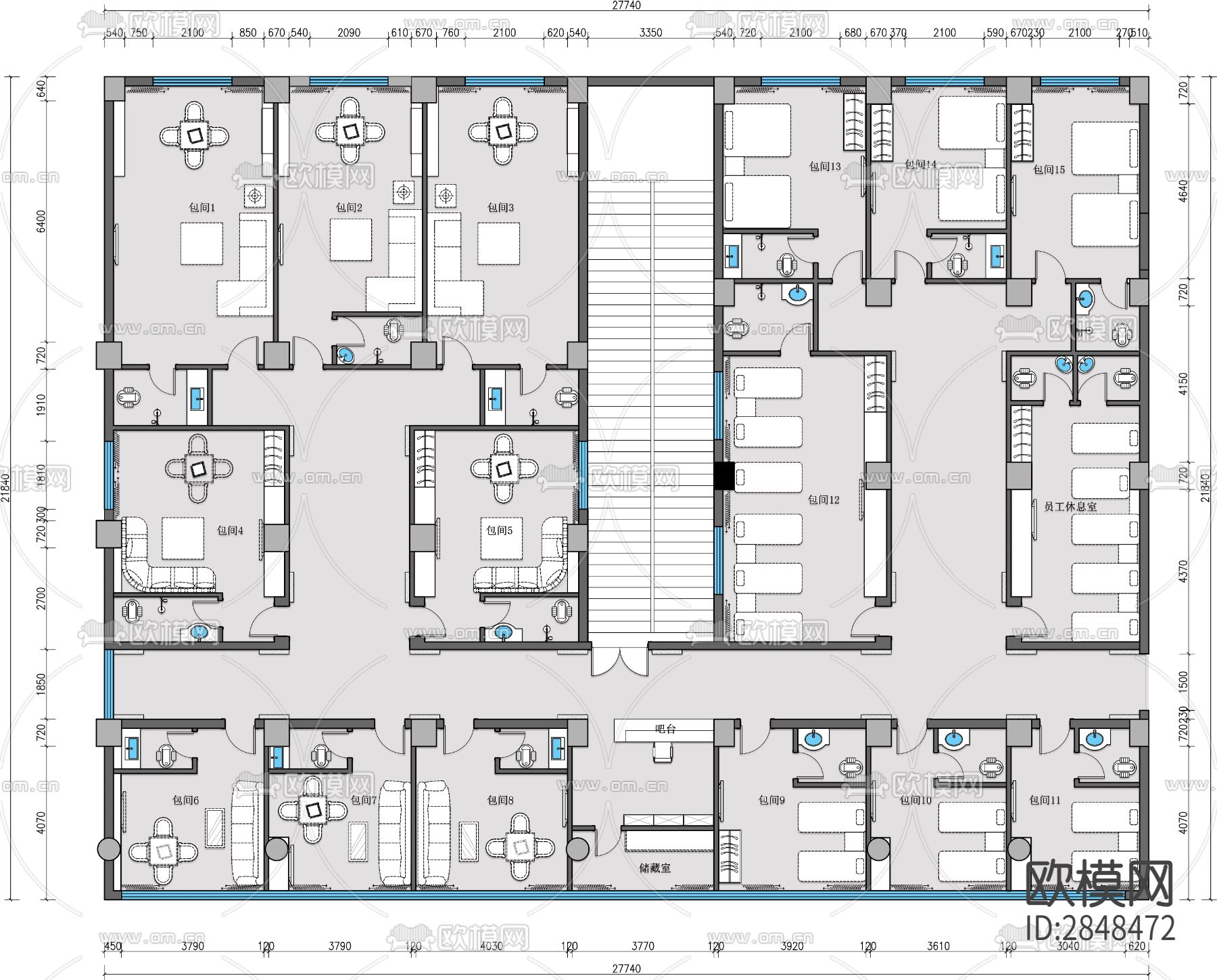 茶楼cad平面布置图下载（渲染图1）