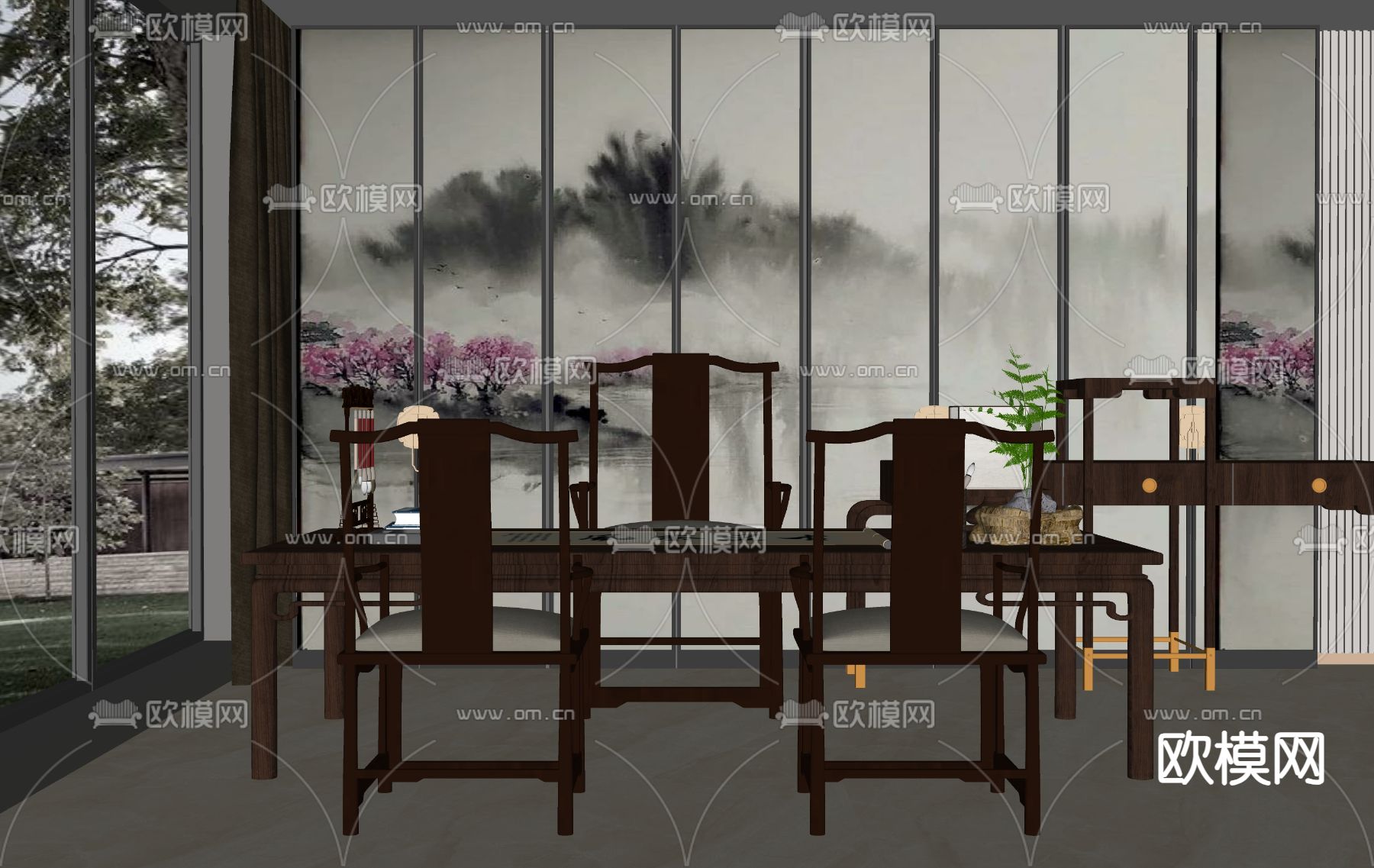 新中式书桌椅su模型下载（渲染图2）