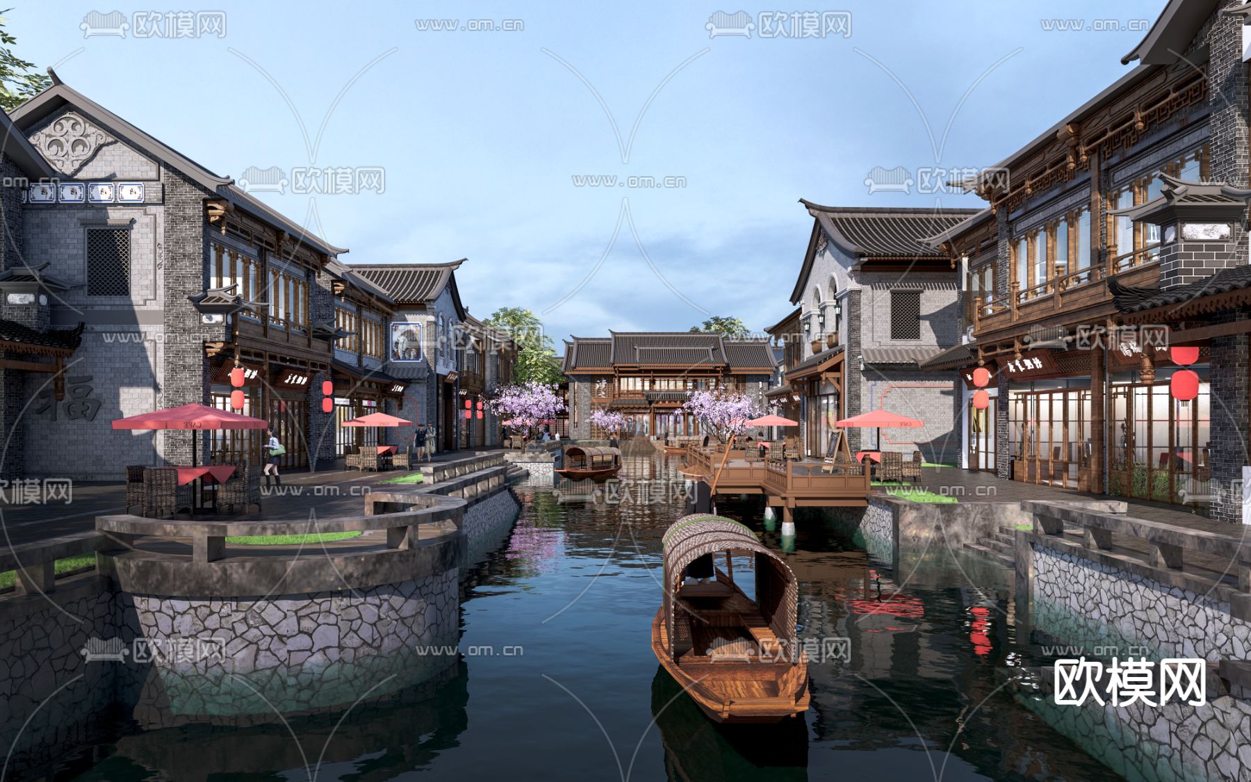 新中式古镇建筑su模型下载（渲染图1）