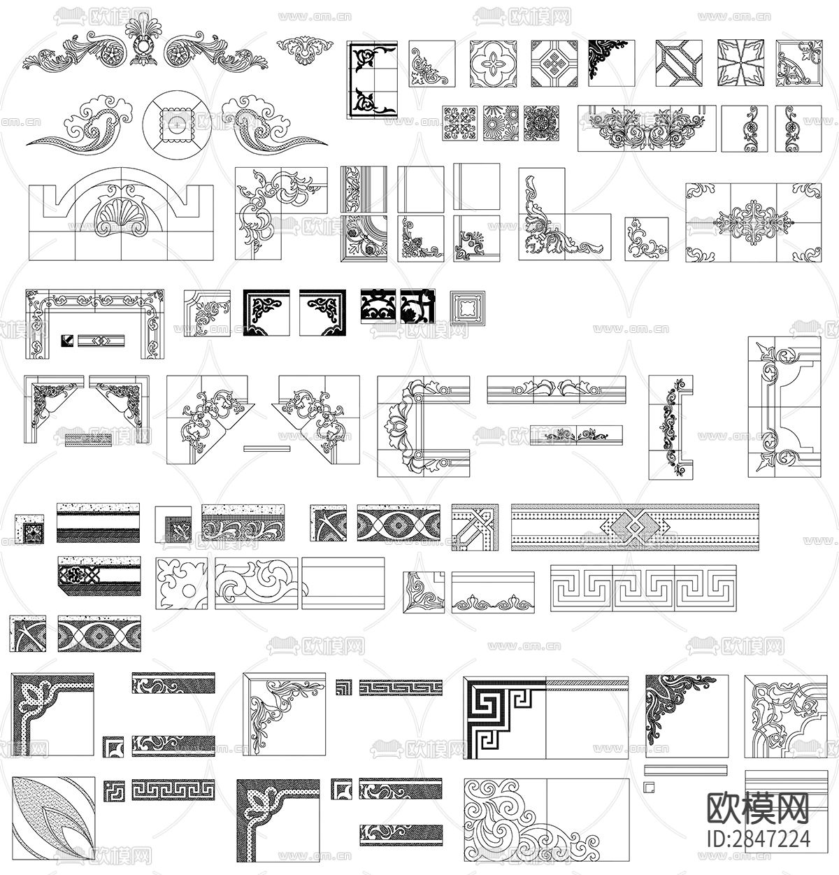 欧式中式风格地面石材拼花花纹边线cad图库下载（渲染图4）