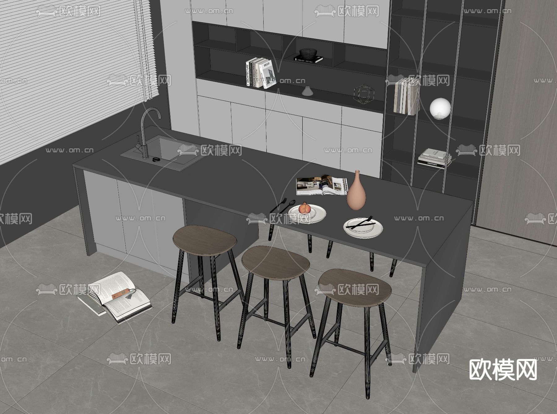 高级灰吧台 吧椅su模型下载（渲染图2）