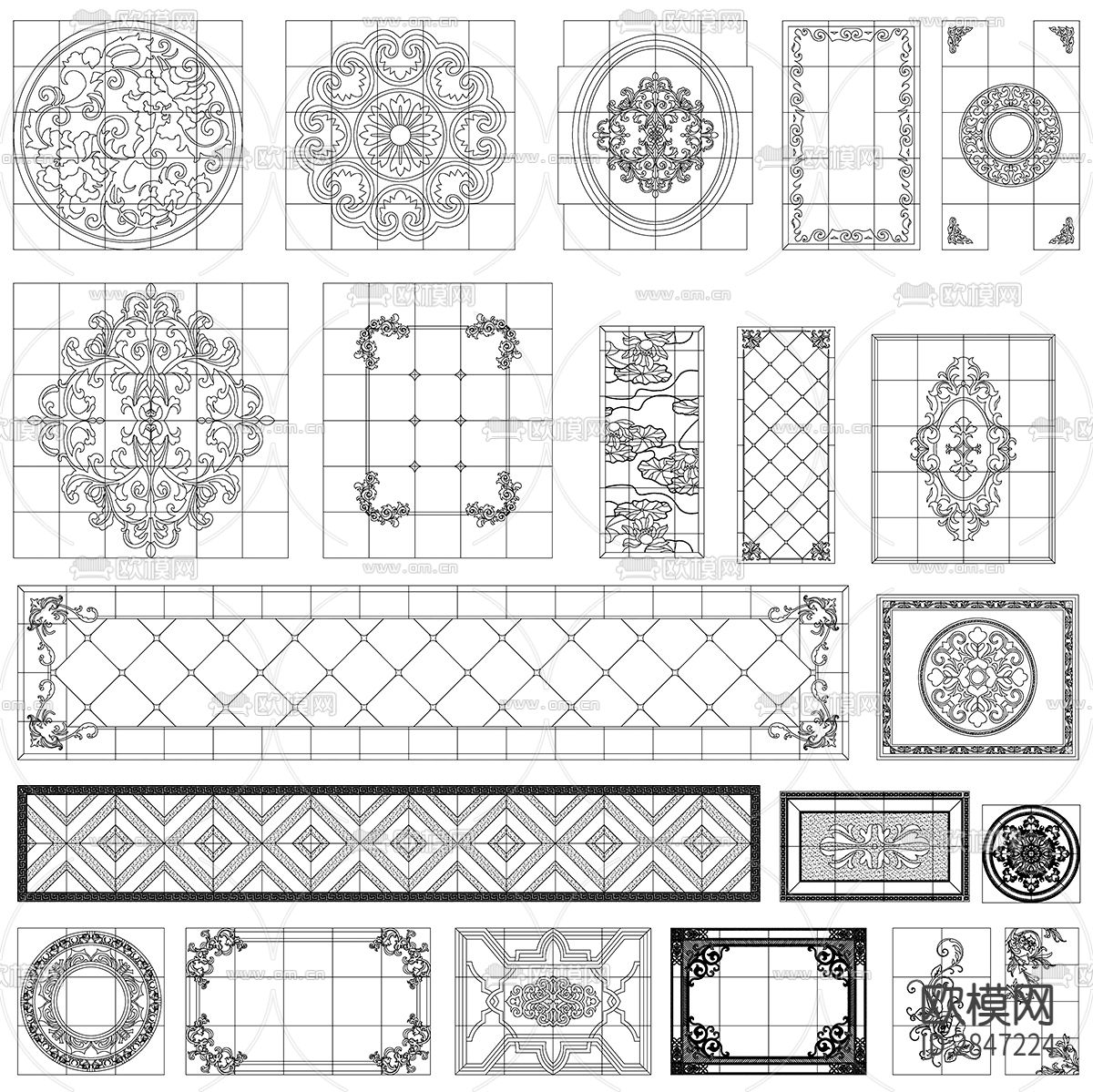 欧式中式风格地面石材拼花花纹边线cad图库下载（渲染图5）