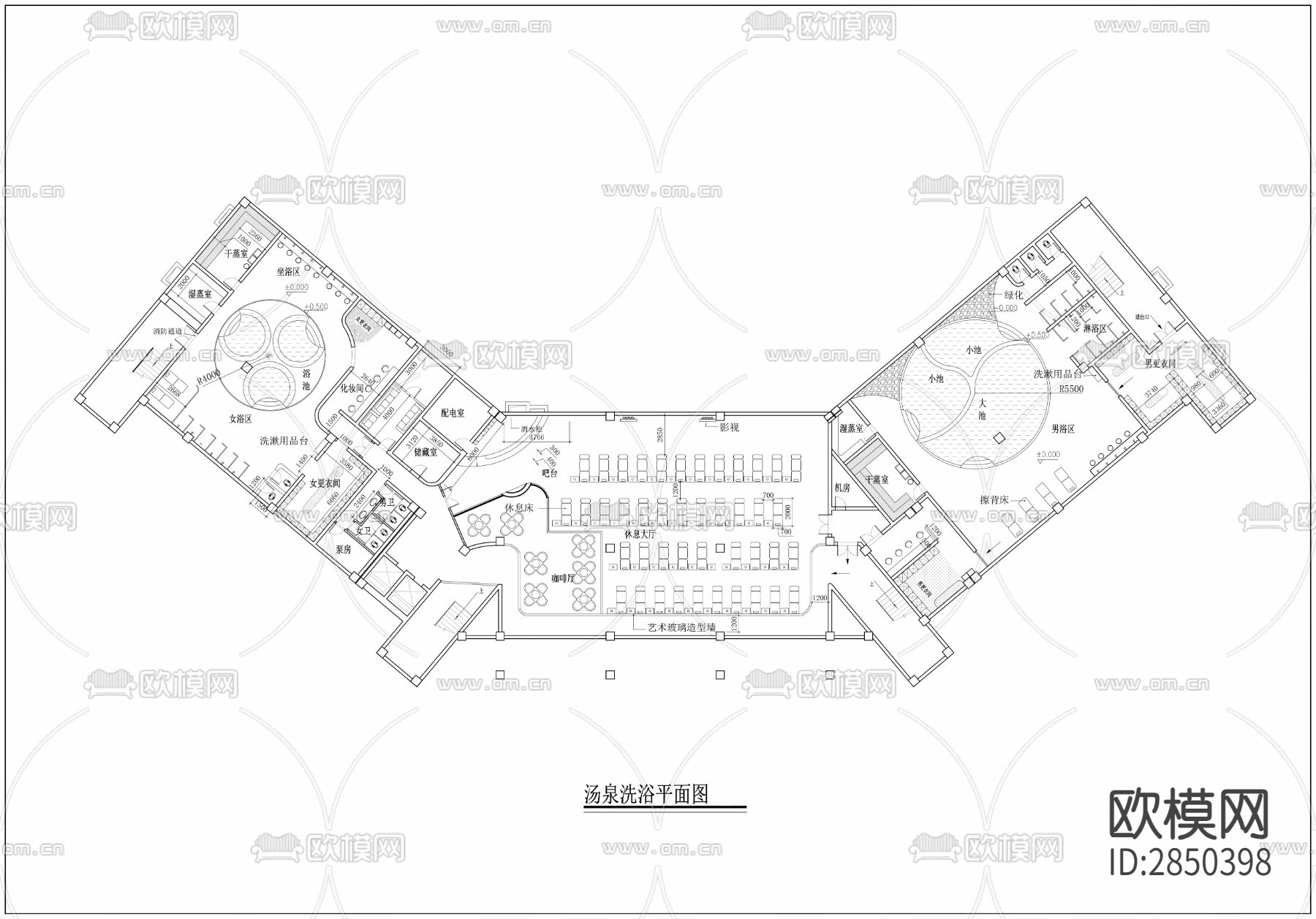 1450㎡汤泉 洗浴 水疗会所CAD施工图下载（渲染图1）