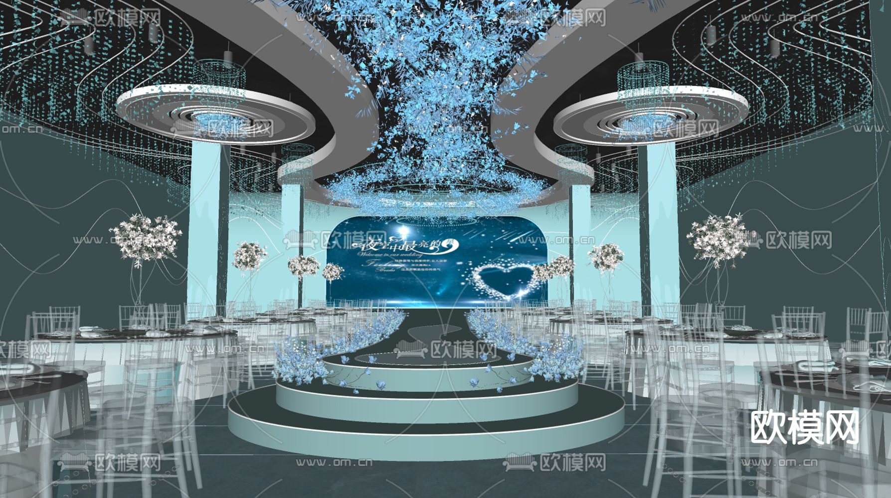 现代婚礼宴会厅su模型下载（渲染图2）