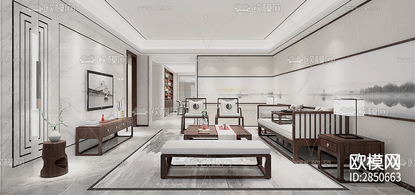 新中式家居效果图CAD施工图下载（渲染图3）