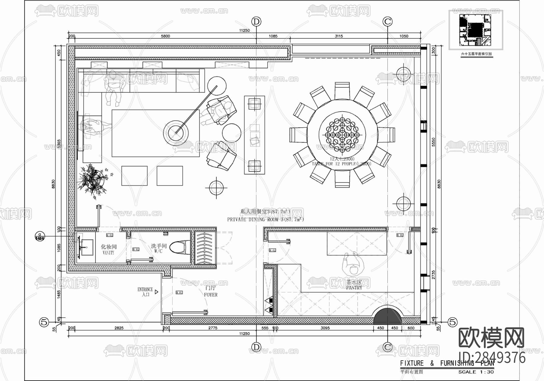中餐厅cad平面图下载（渲染图6）