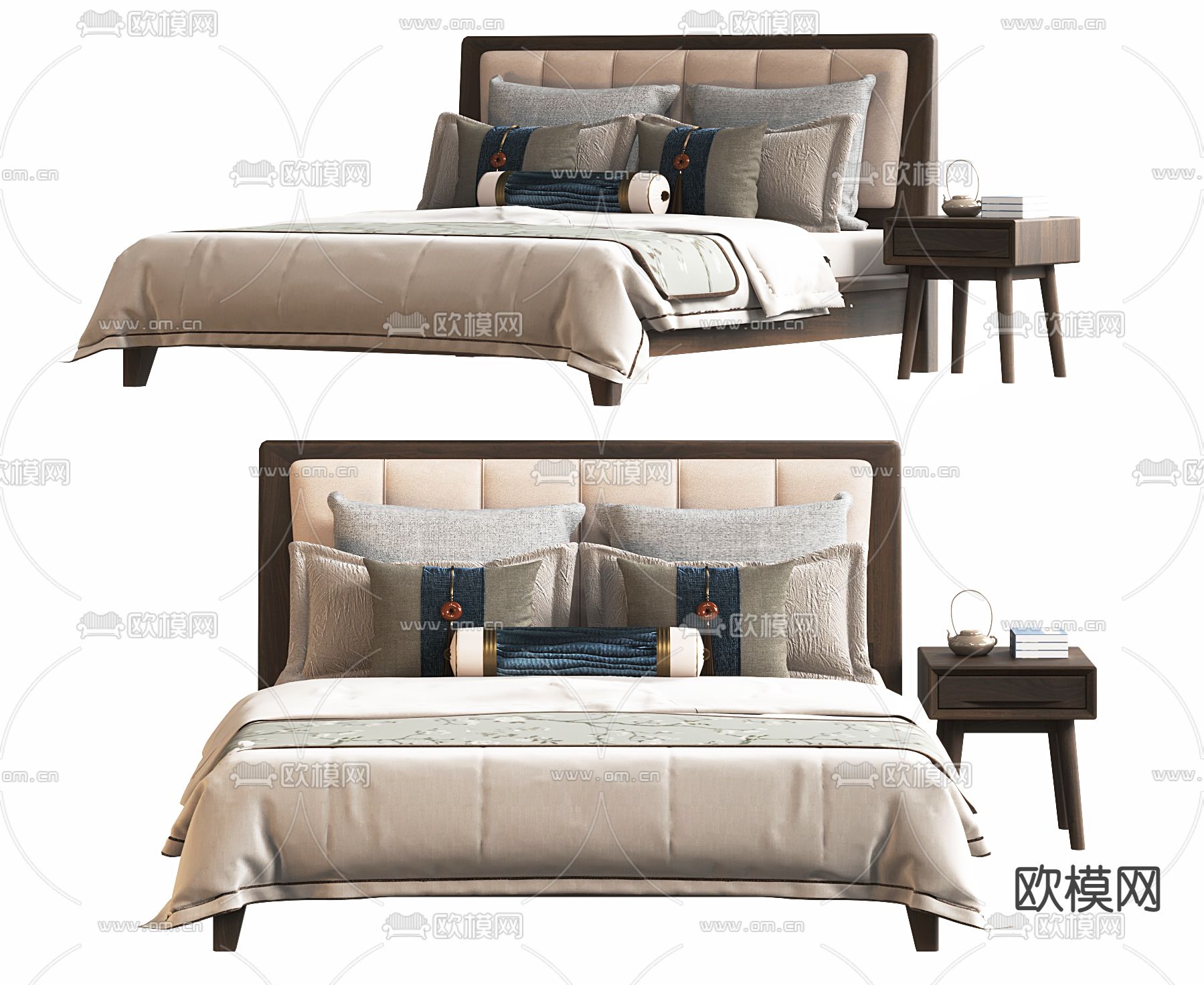 新中式双人床su模型下载（渲染图1）