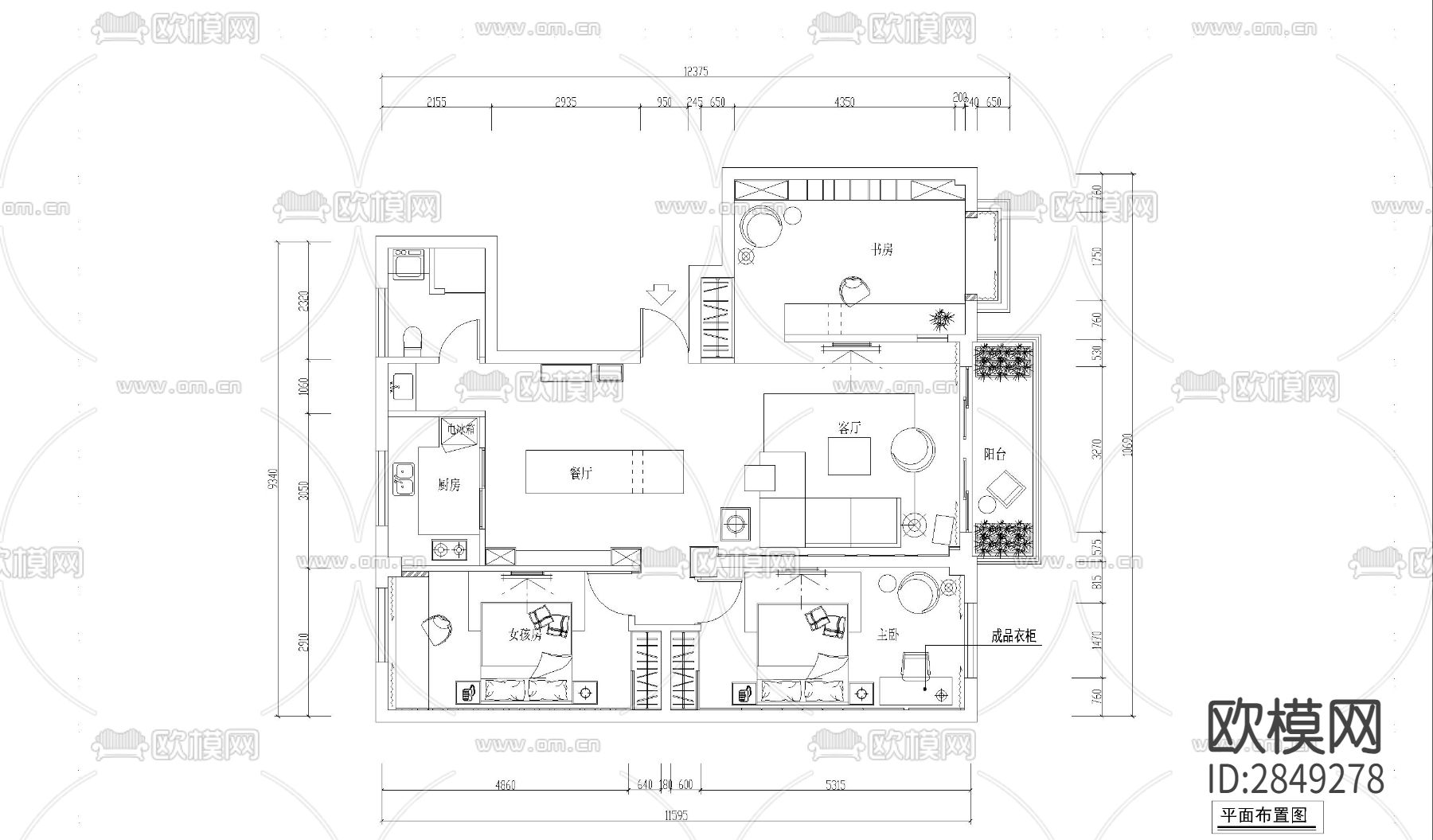 家装平层cad施工图下载（渲染图8）