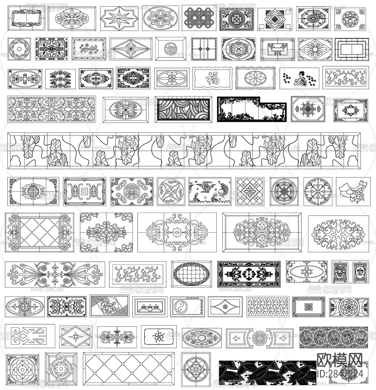 欧式中式风格地面石材拼花花纹边线cad图库下载（渲染图3）