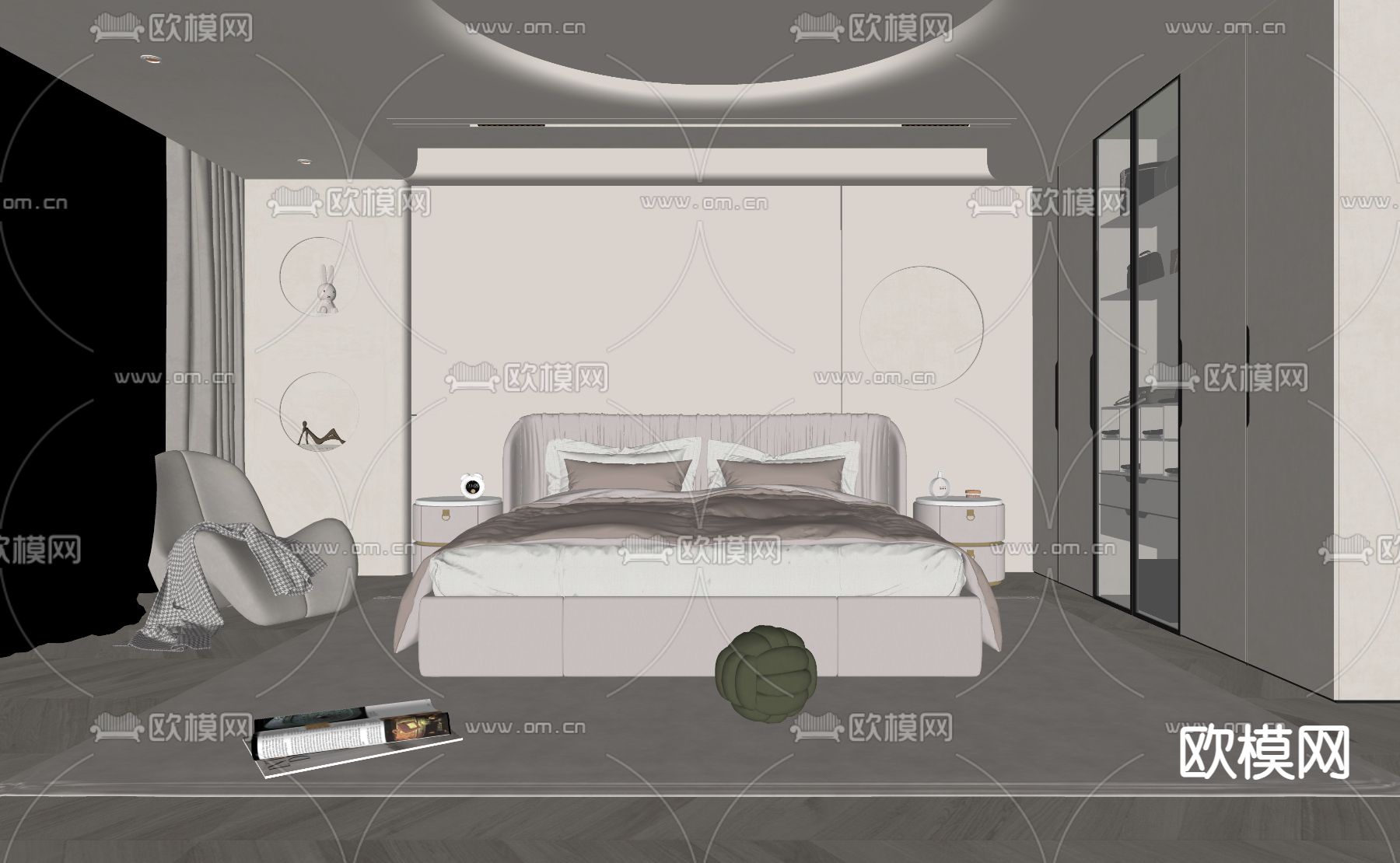 奶油风卧室su模型下载（渲染图2）