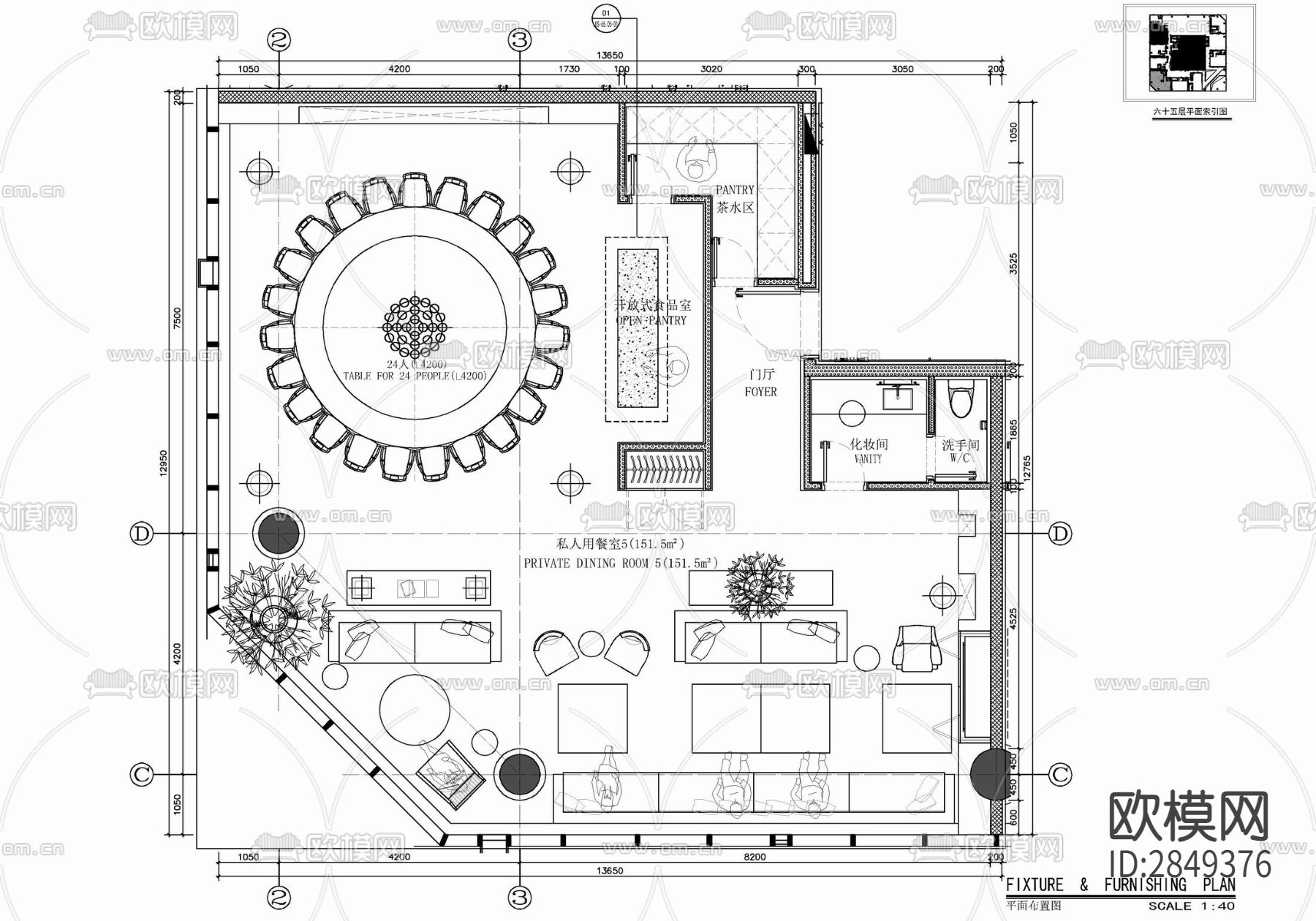 中餐厅cad平面图下载（渲染图5）