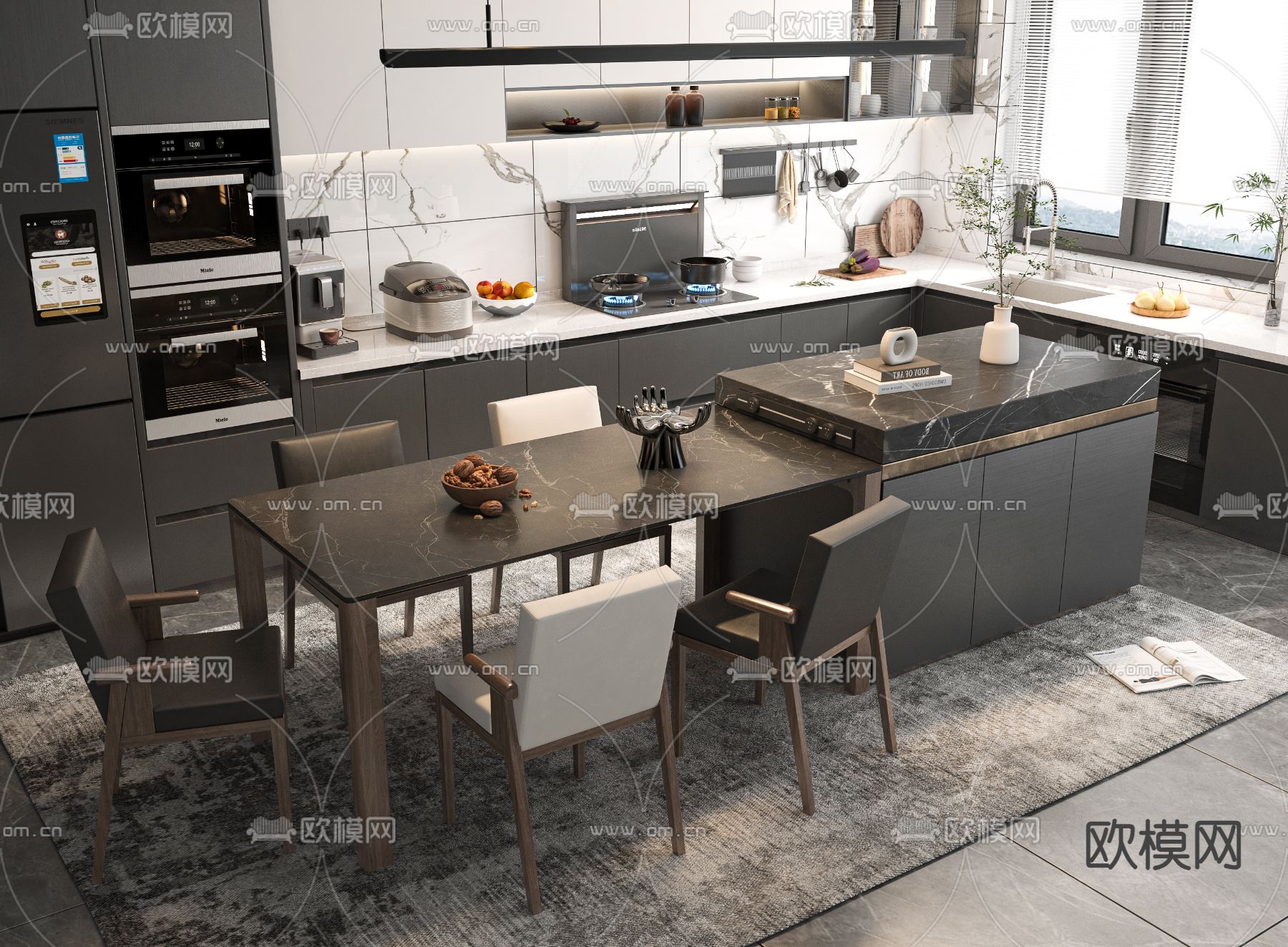 暗黑风岛台餐桌椅su模型下载（渲染图1）