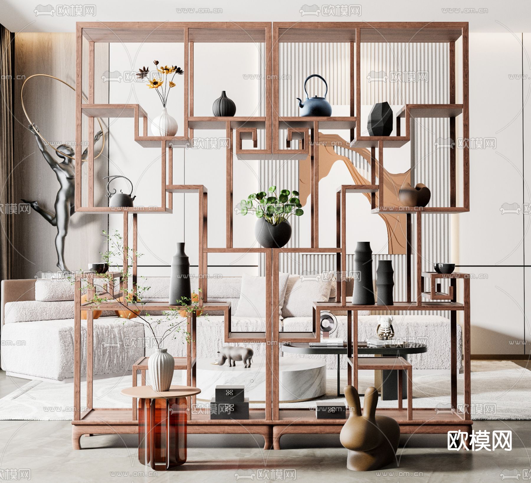 新中式博古架su模型下载（渲染图1）