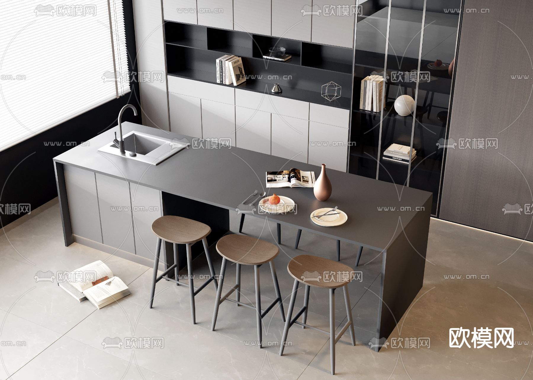 高级灰吧台 吧椅su模型下载（渲染图1）