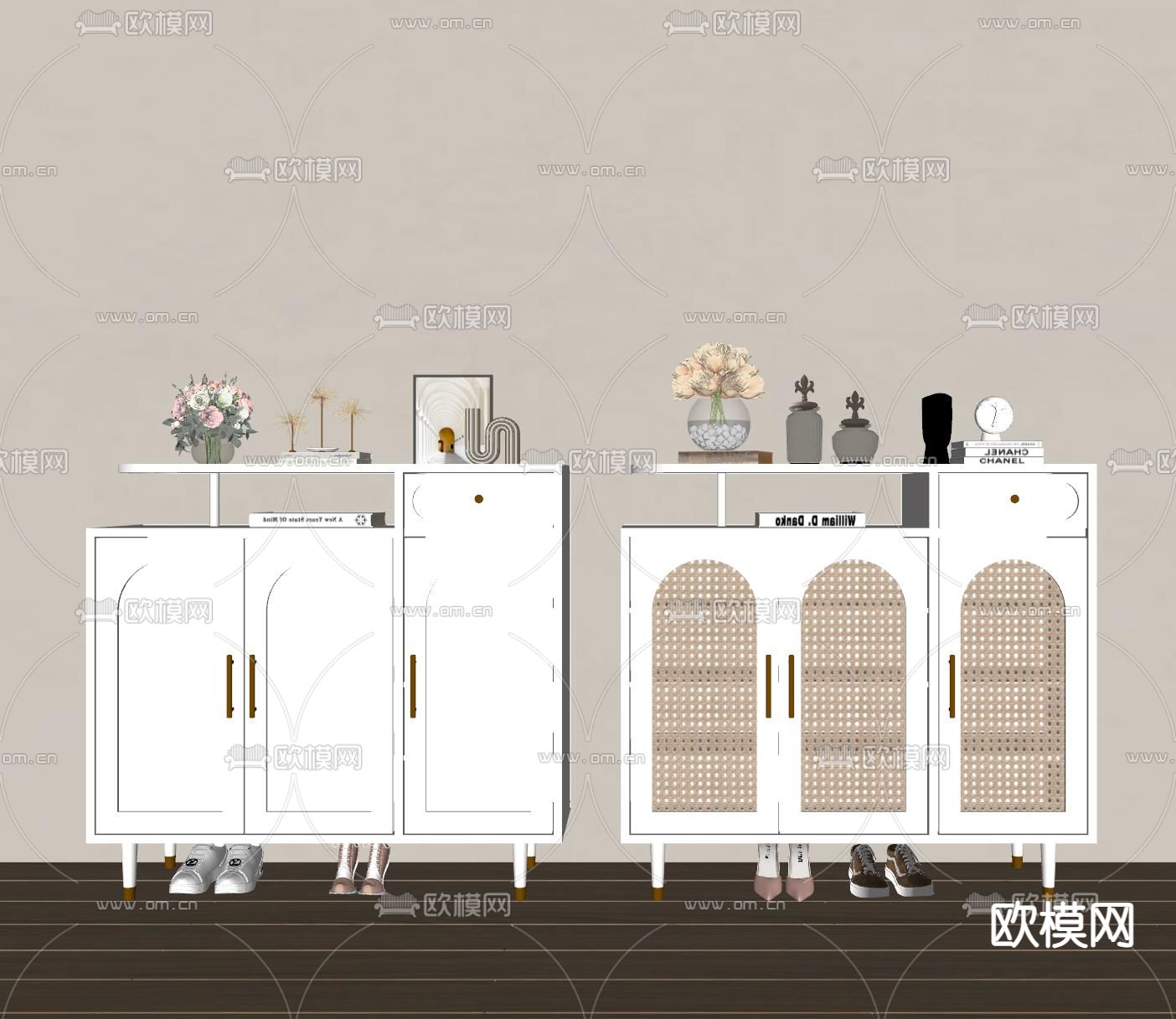 奶油风鞋柜su模型下载（渲染图2）