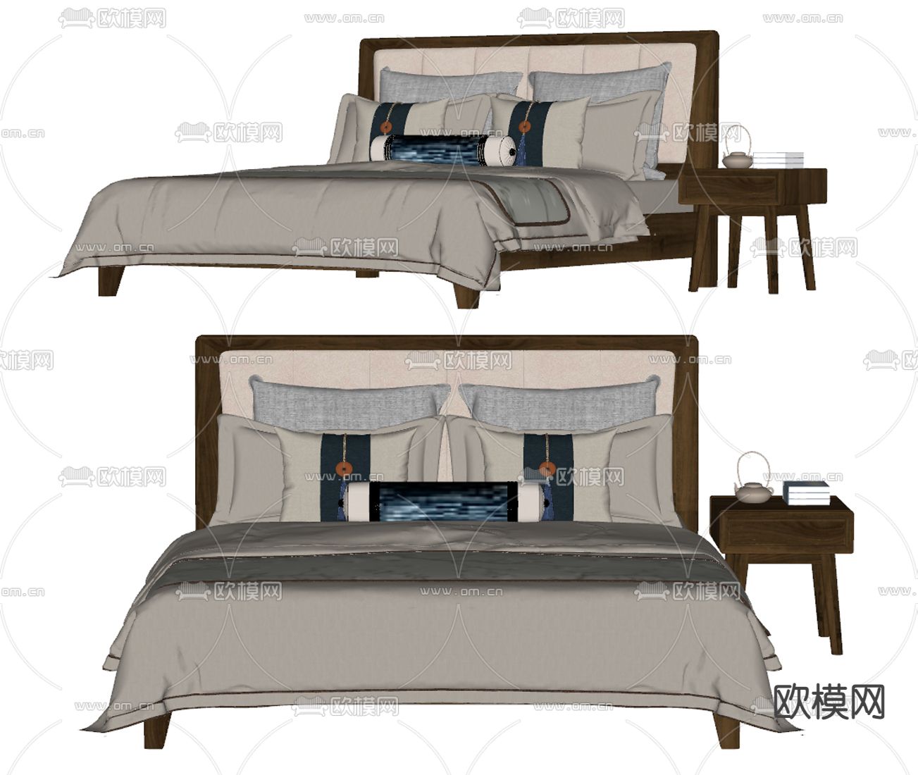 新中式双人床su模型下载（渲染图2）