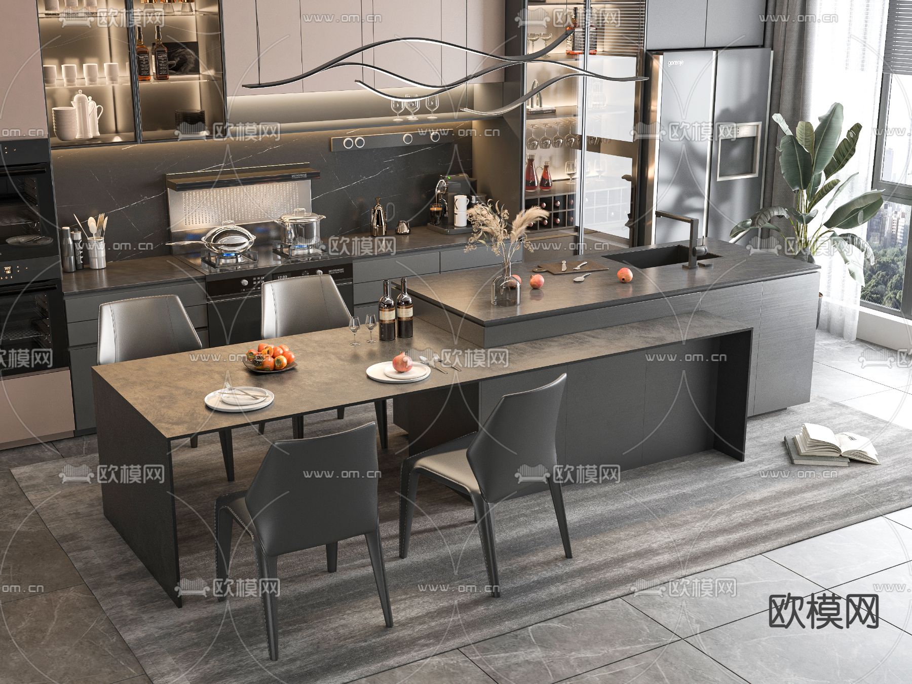 暗黑风岛台餐桌椅su模型下载（渲染图1）