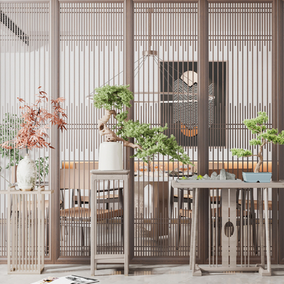  新中式花几 盆栽su模型 