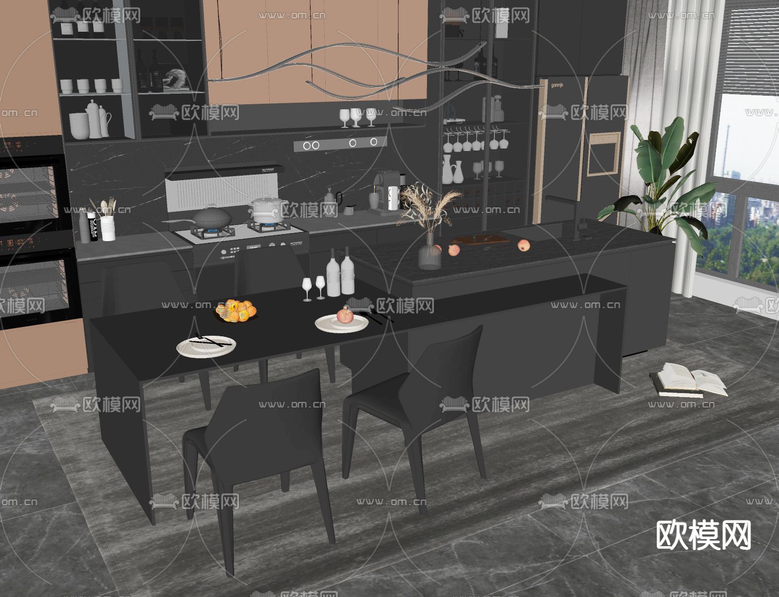 暗黑风岛台餐桌椅su模型下载（渲染图2）