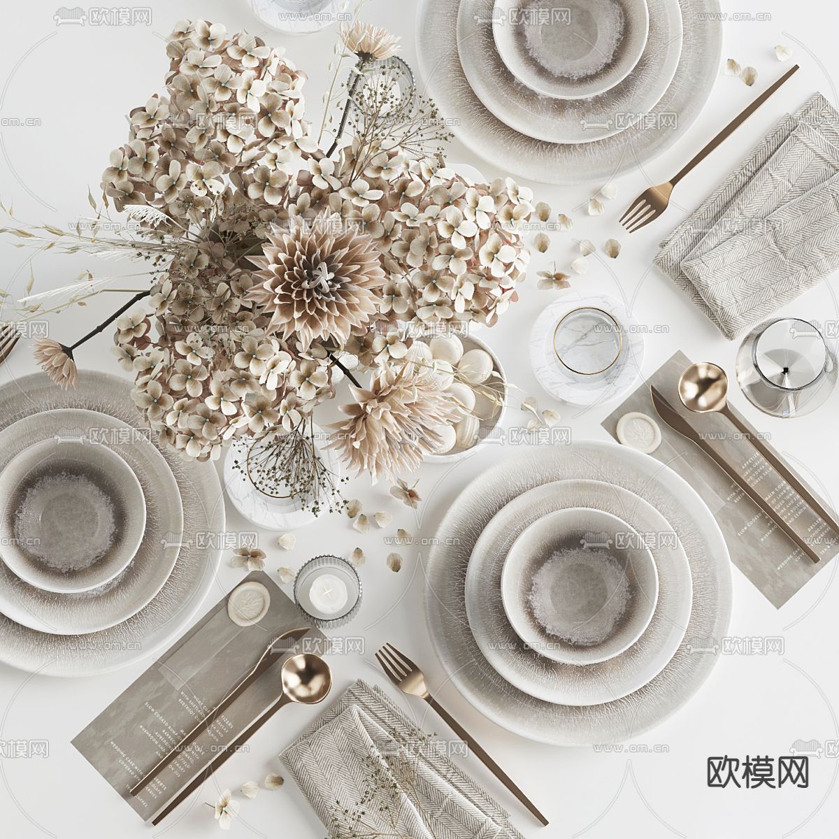 西餐餐具 刀叉 高脚杯 碗碟 花瓶花艺3d模型下载（渲染图2）