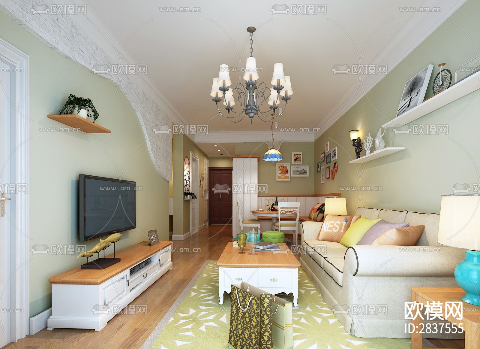 幸福时光平层cad施工图下载（渲染图1）