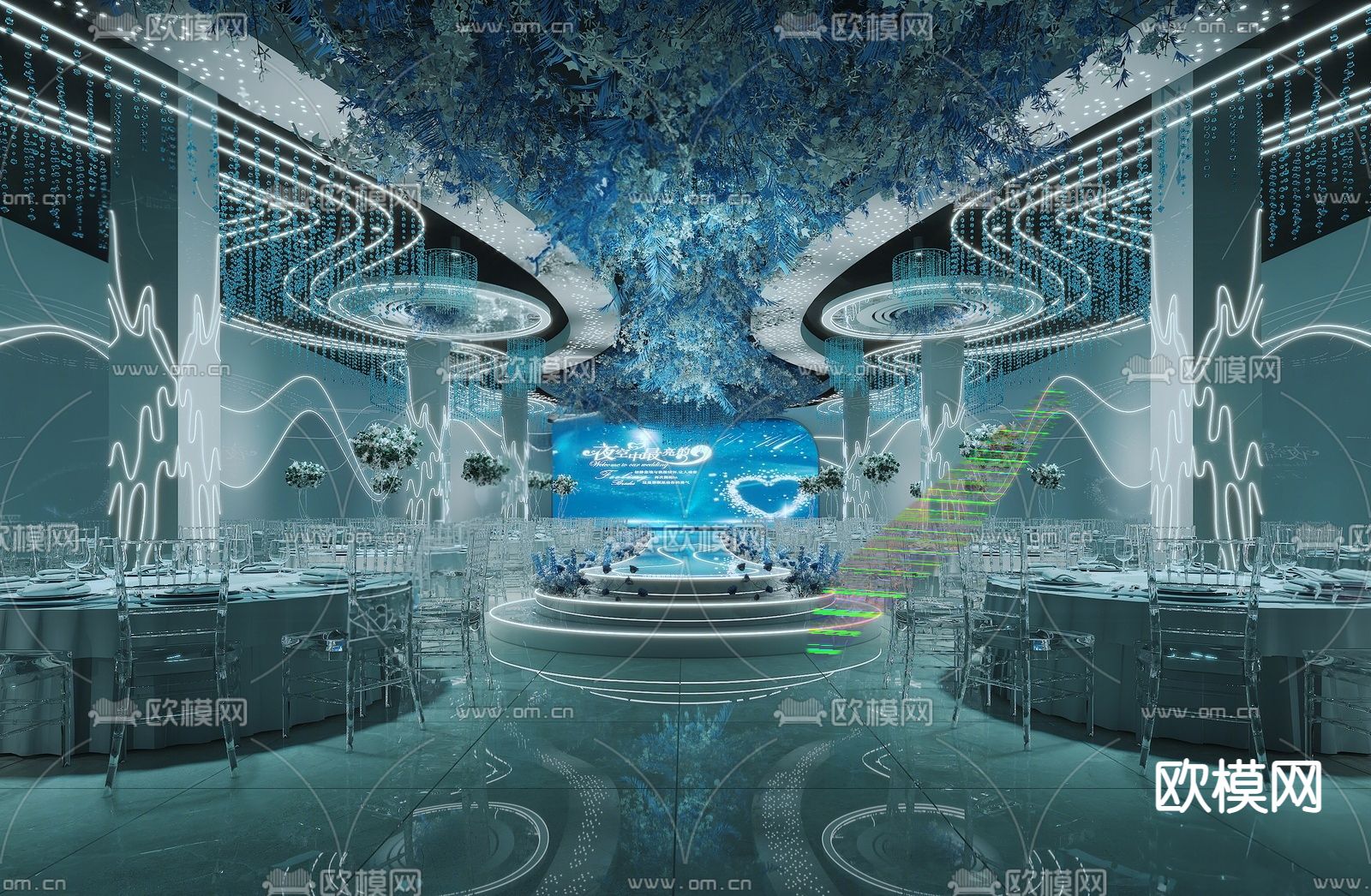 现代婚礼宴会厅su模型下载（渲染图1）