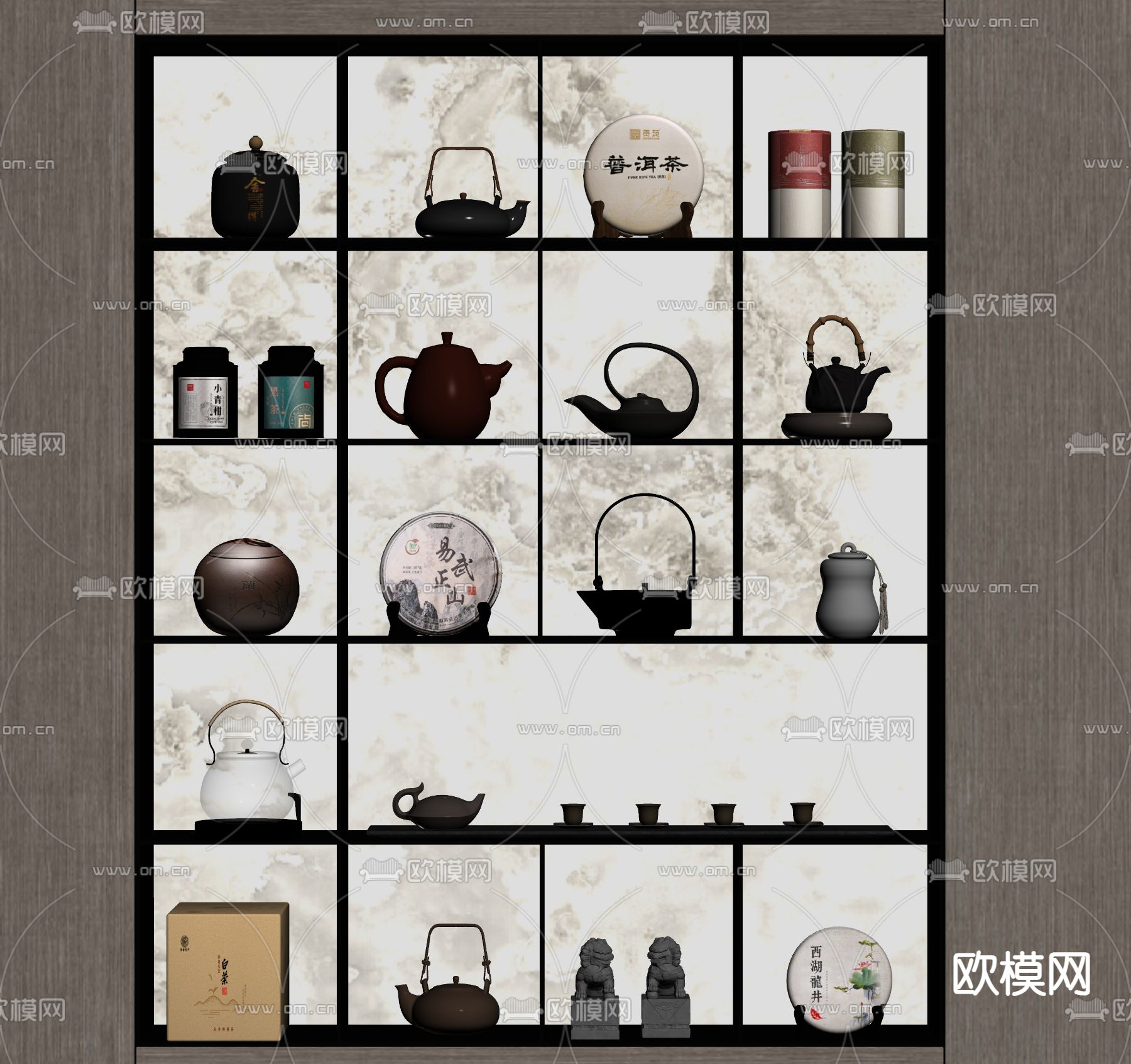 新中式茶具 茶叶罐 茶壶 茶饼su模型下载（渲染图2）