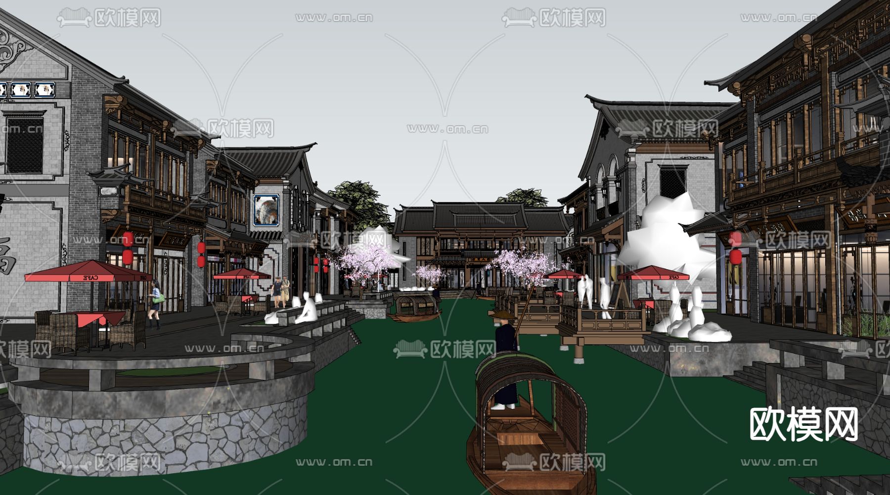 新中式古镇建筑su模型下载（渲染图2）