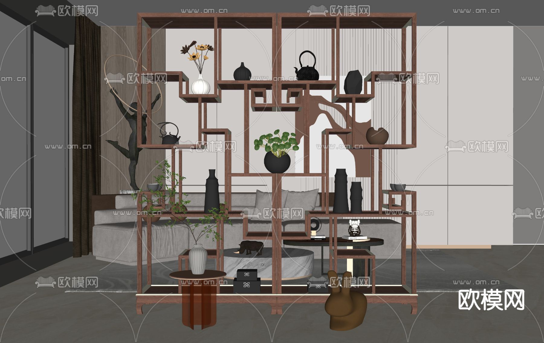 新中式博古架su模型下载（渲染图2）