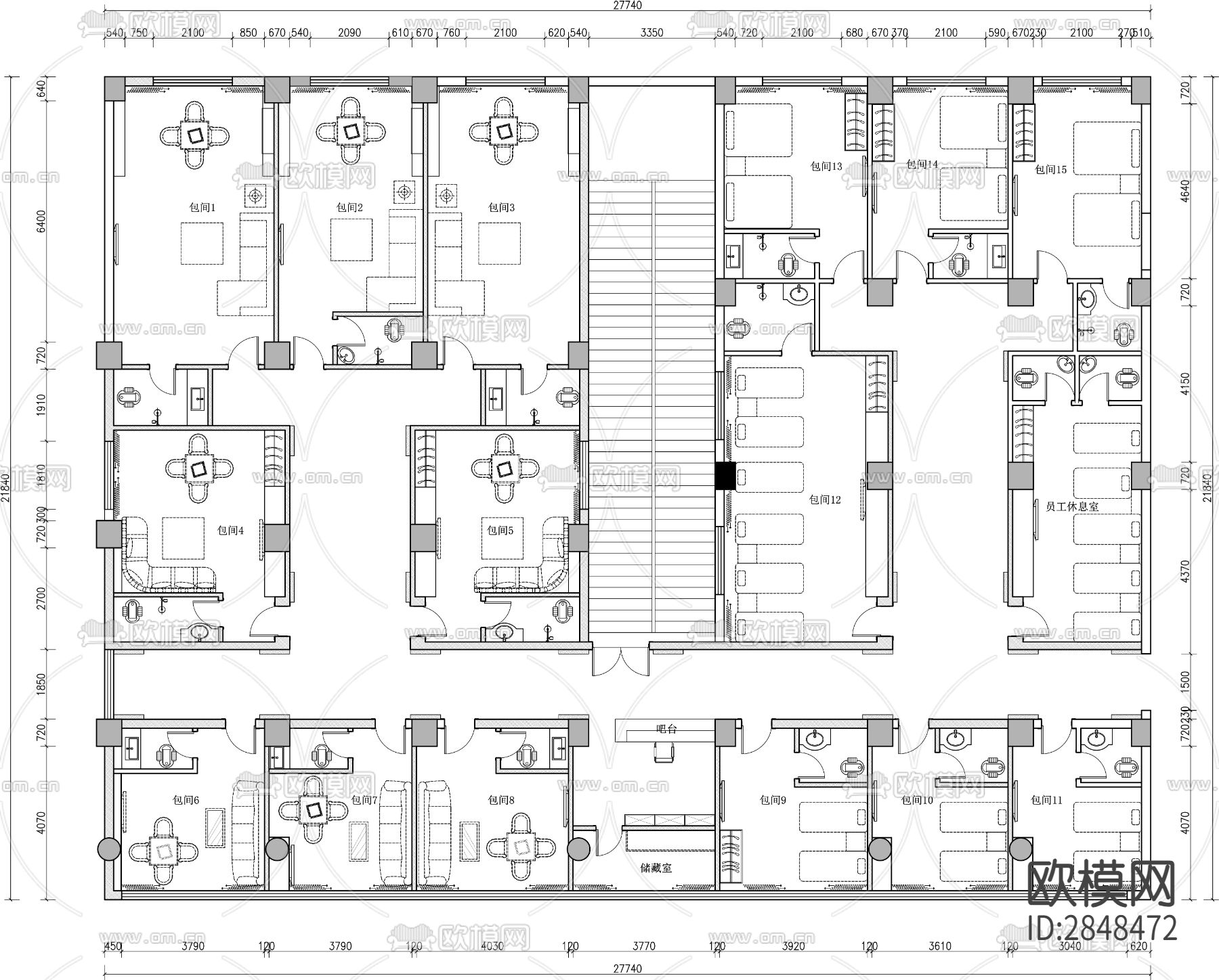 茶楼cad平面布置图下载（渲染图2）
