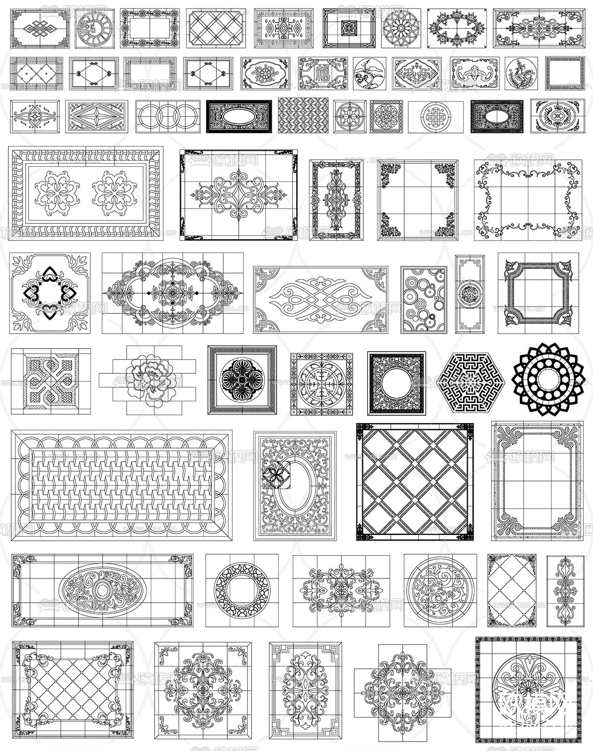 欧式中式风格地面石材拼花花纹边线cad图库下载（渲染图7）
