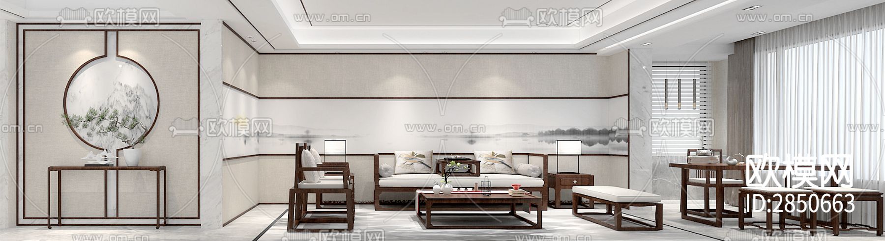 新中式家居效果图CAD施工图下载（渲染图1）