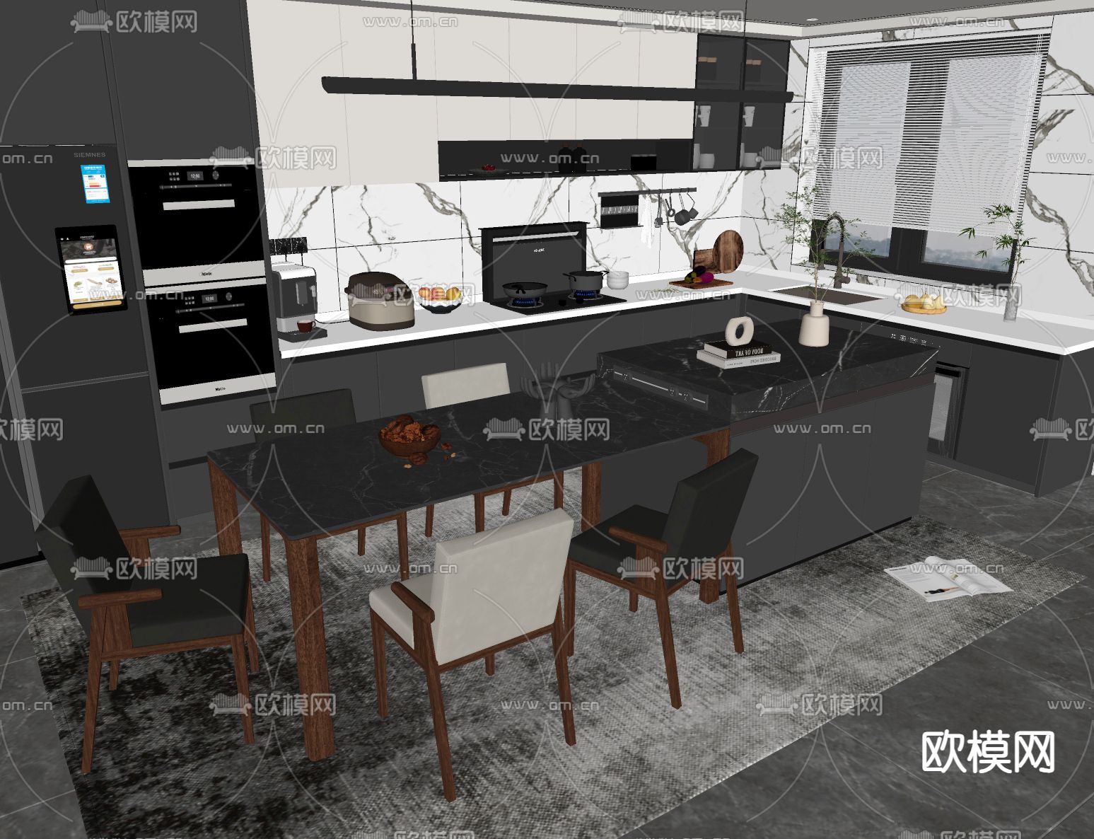 暗黑风岛台餐桌椅su模型下载（渲染图2）