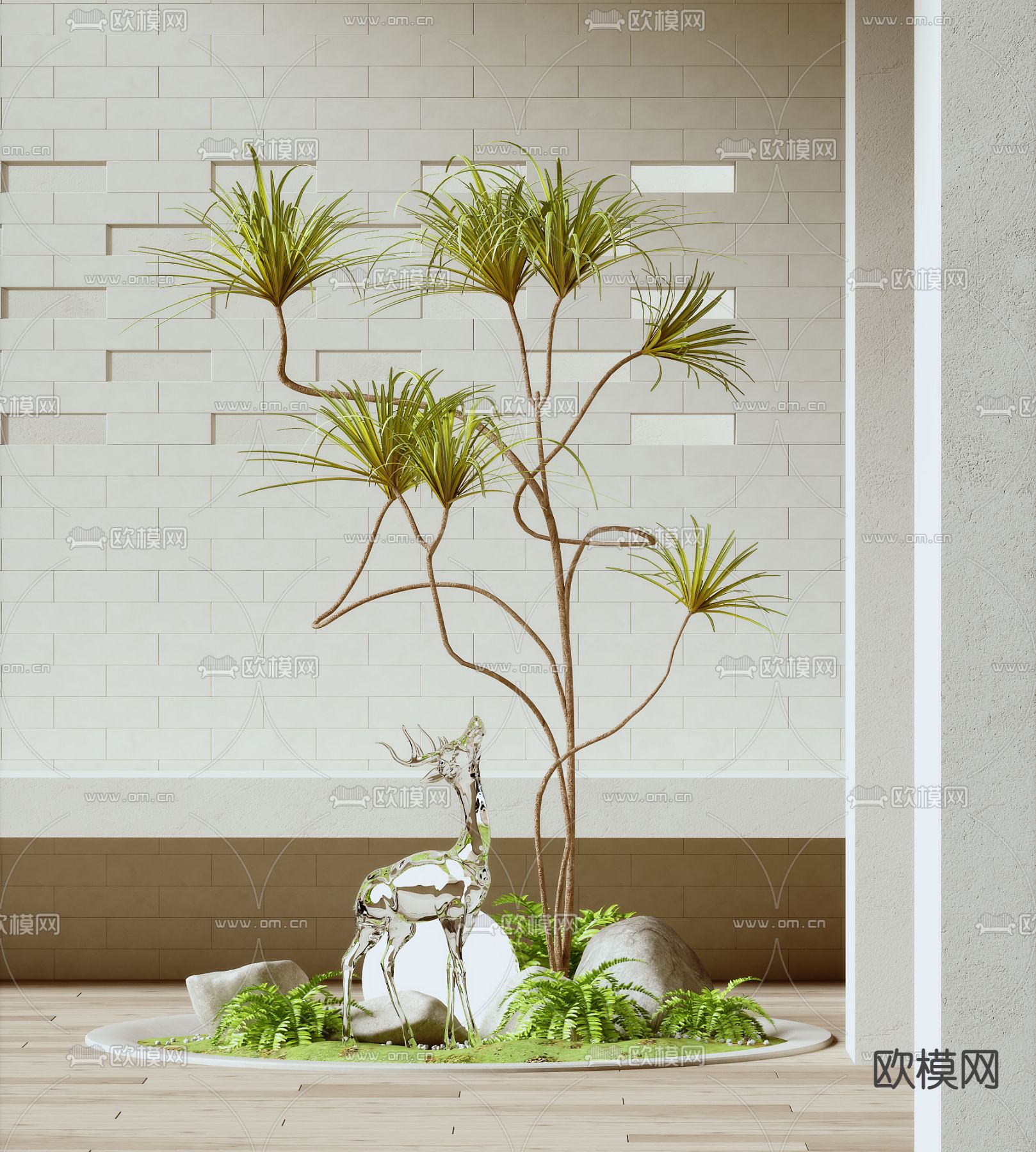 植物堆 室内造景 鹿雕塑3d模型下载