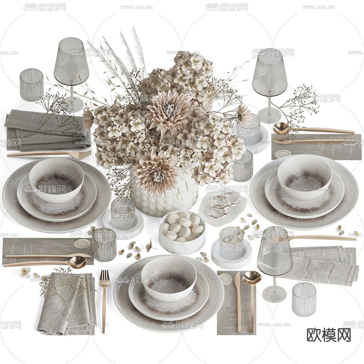 西餐餐具 刀叉 高脚杯 碗碟 花瓶花艺3d模型下载（渲染图1）