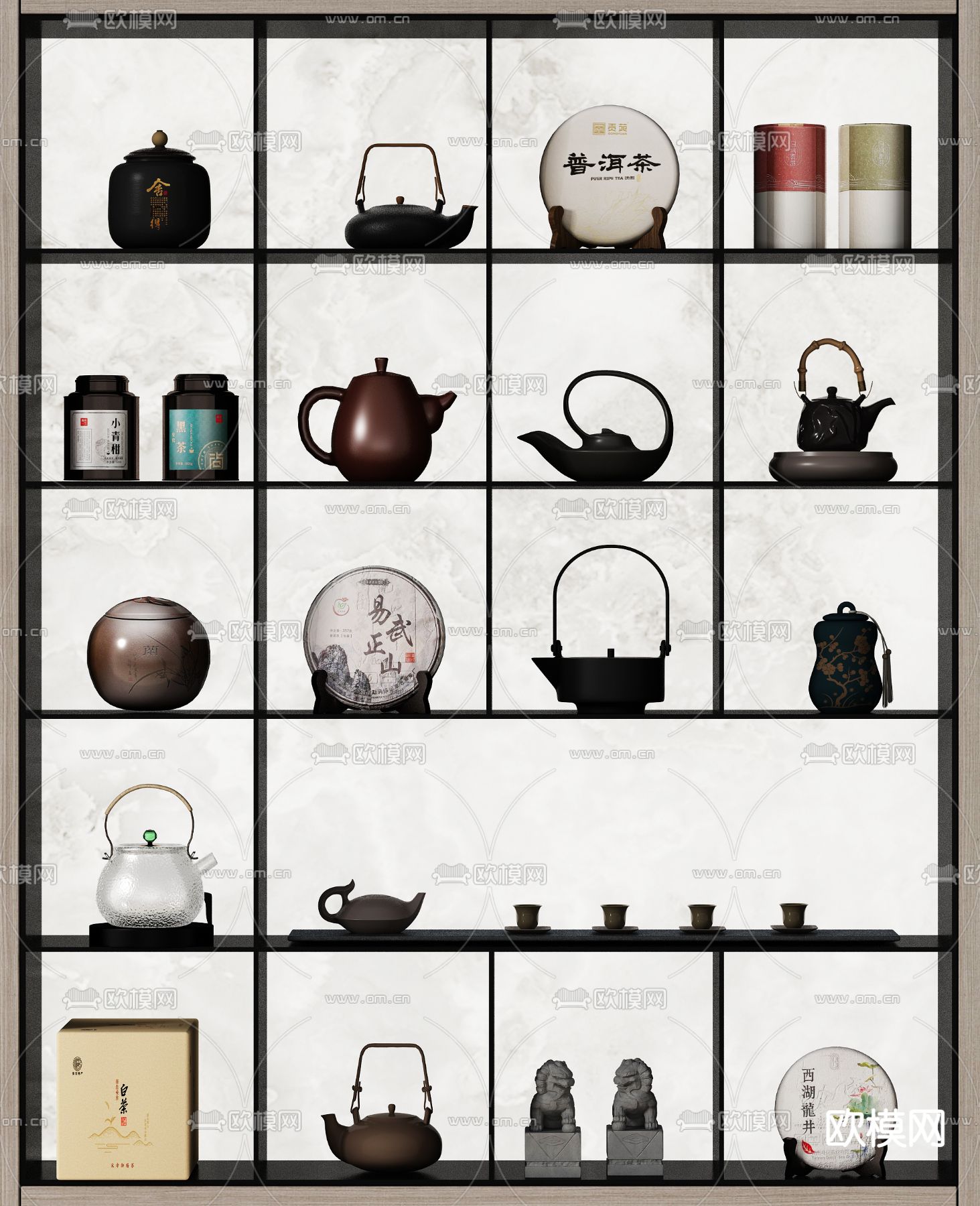 新中式茶具 茶叶罐 茶壶 茶饼su模型下载（渲染图1）