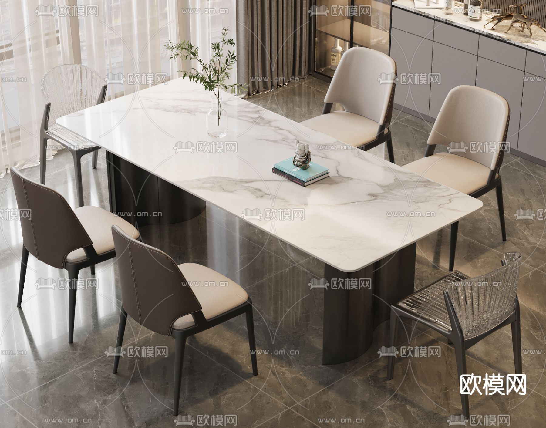 条形餐桌椅3d模型下载