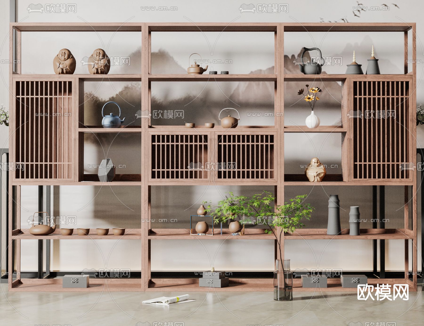 新中式博古架su模型下载（渲染图1）