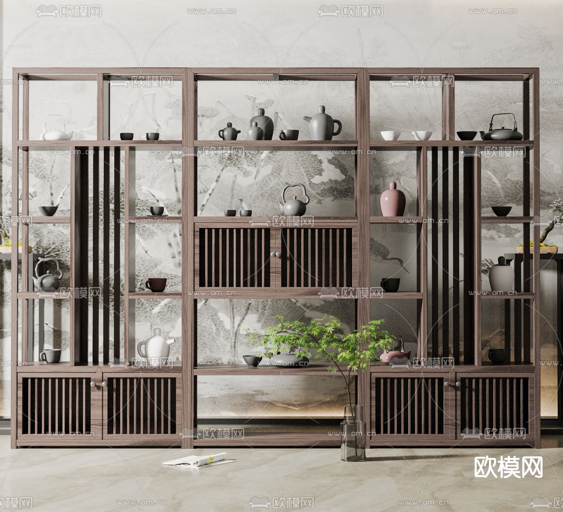 新中式博古架su模型下载（渲染图1）