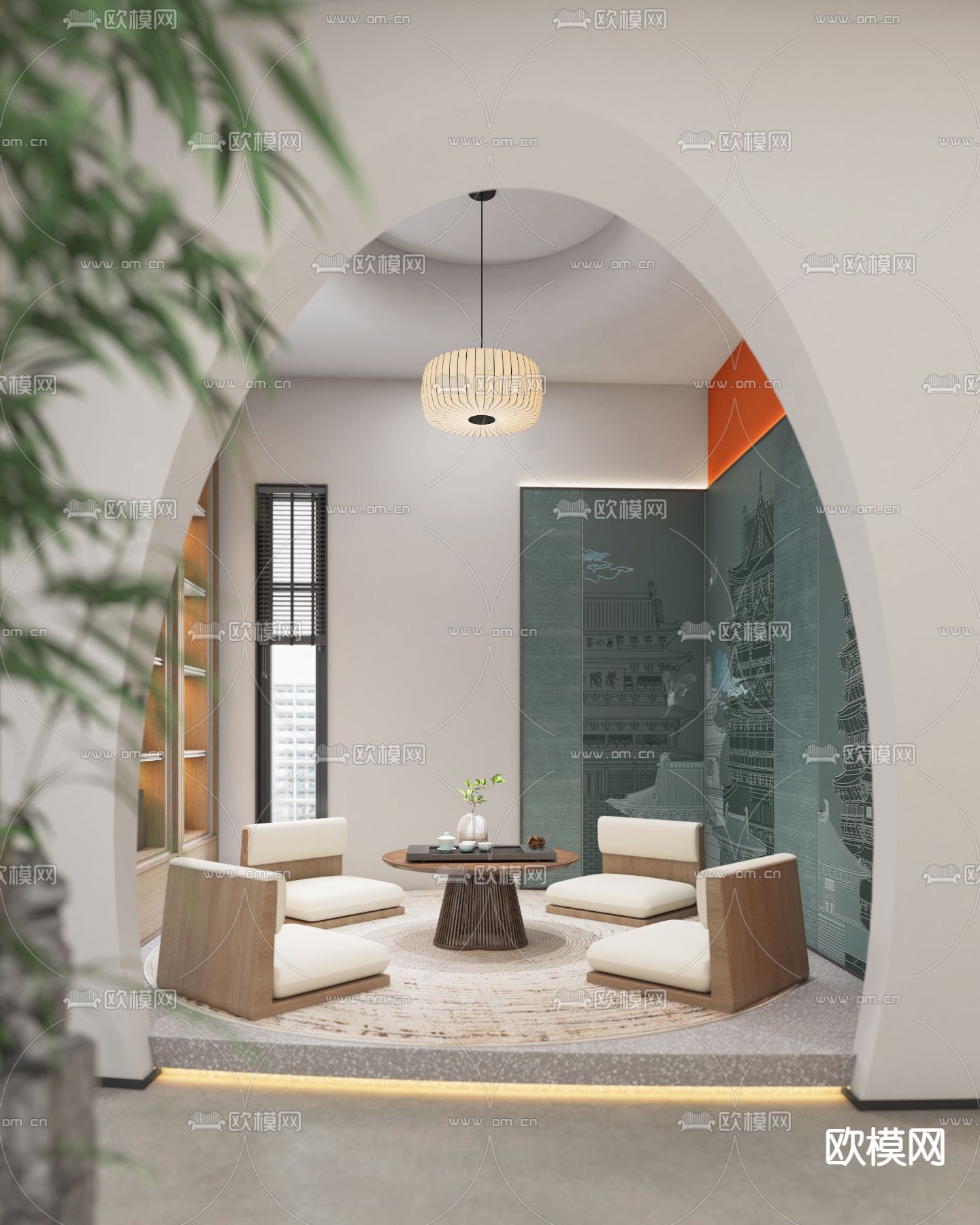 新中式茶室 榻榻米茶桌3d模型下载（渲染图1）